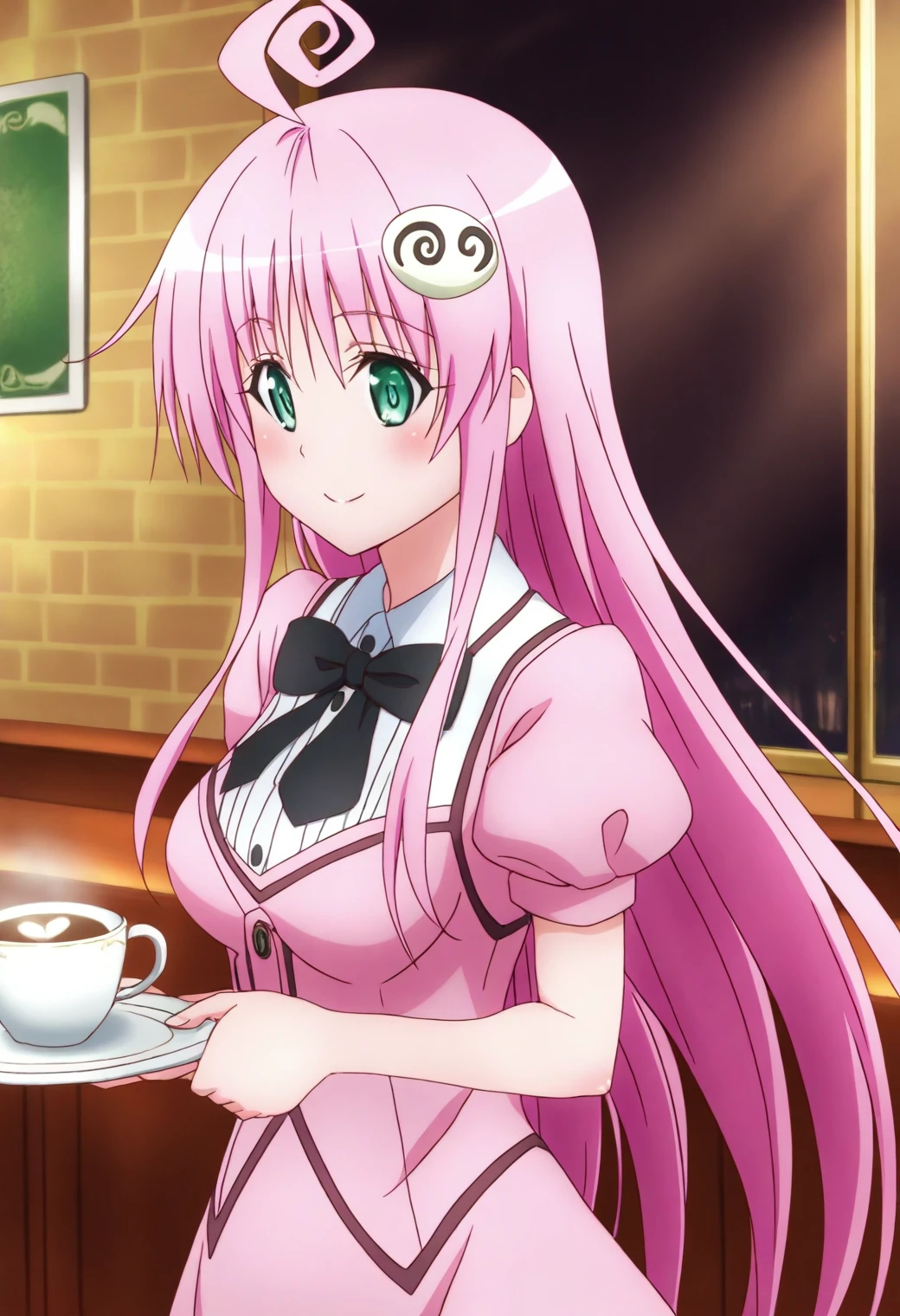 <lora:Lala Satalin Deviluke - [To Love Ru] - illustriousXL v1:1>, sysdeep_lala, pink hair, green eyes, solo, Boutique cafe interior, fitted dress, holding a cappuccino, soft lighting