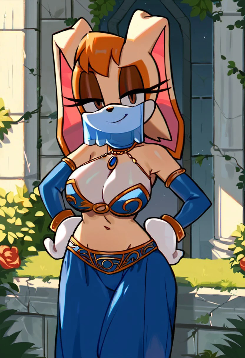 1girls accidental_exposure (((Vanilla the rabbit:1.0))) huge_breasts,bursting breasts, brown_hair busty dipstick_ear, female,cleavage, female_solo,ponytail, chichi´s armor, armor, bikini armor, gloves, cape, , smile,realistic, lipstick, hand on chest,