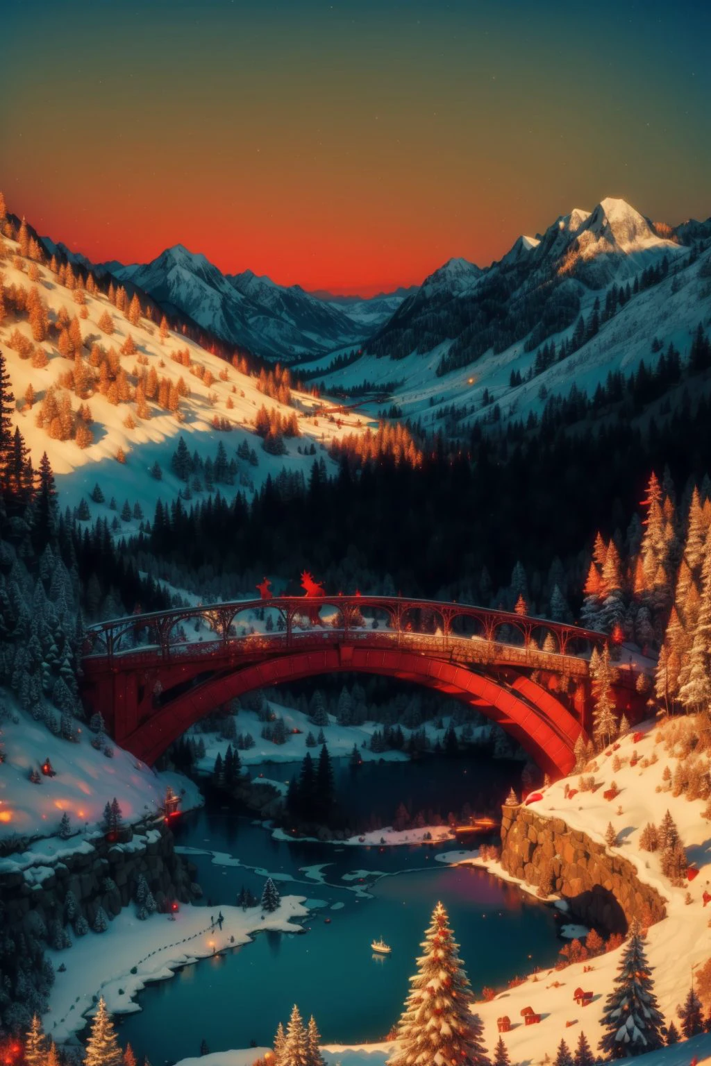 V3Xmas bridge over an icy lake, colorful sunset, mountainous horizon, artistic, textures <lora:add_detail:0.5> <lora:boldline:0.2>