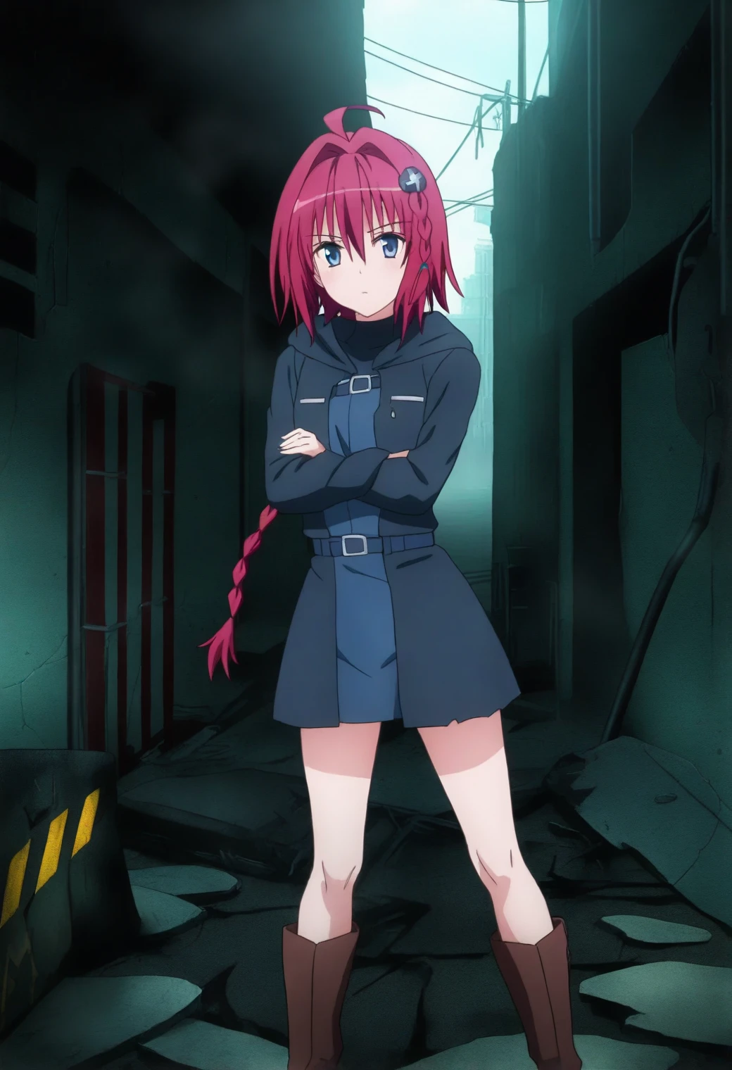 <lora:Mea Kurosaki - [To Love Ru] - illustriousXL v1:1>, sysdeep_mea, red hair, blue eyes, long hair, single braid, solo, Abandoned factory, leather boots, short skirt, confident pose