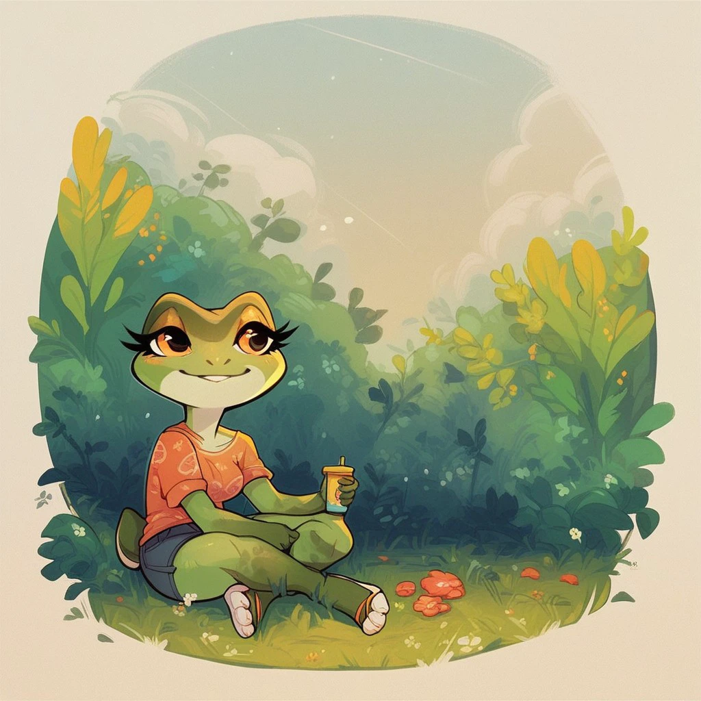 score_9_up, score_8_up,_7_up, score_6_up,_5_up, score_4_up, Anthro, frog, female, casual clothing, at the park