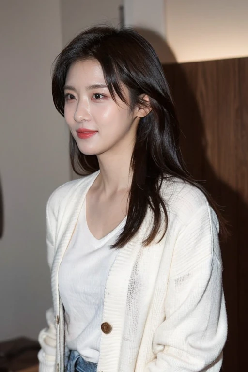 This is a photograph of a young asian woman with long, wavy blonde hair that cascades past her shoulders. She has a fair complexion and is smiling gently, with a subtle, natural makeup look that enhances her youthful appearance. She is wearing a plush, white faux fur cardigan that has a soft, voluminous texture, adding a cozy and luxurious feel to her outfit. The cardigan is slightly oversized, giving it a relaxed, comfortable look. Underneath, she wears a simple white top, though it is mostly obscured by the cardigan. She also wears high-waisted, light-wash blue jeans that have a slightly distressed, casual look, adding a touch of everyday style to her ensemble.
The background is a solid, pastel lavender color, which contrasts softly with her white cardigan, making her stand out. The lighting is even and soft, eliminating any harsh shadows and creating a gentle, flattering effect on her skin and the textures of her clothing. The overall mood of the photograph is warm and inviting, with a focus on comfort and simplicity. The setting appears to be a studio, designed to highlight the subject's features and attire.