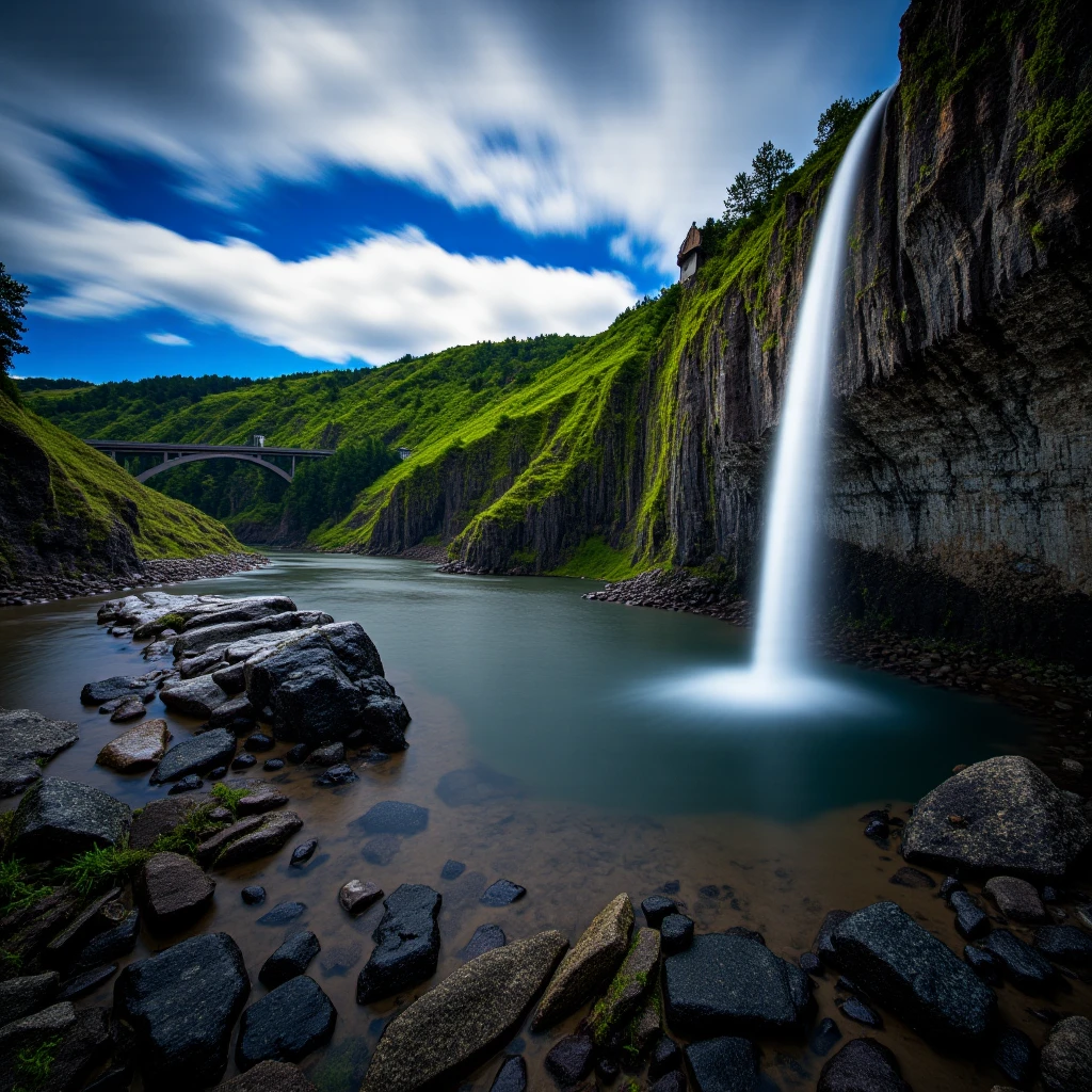 UHD, 4k, ultra detailed, cinematic, a photograph of <lora:Vivid polarizing filter style v1:1>
HDR, Vivid style, Neutral-density filter, In cinematic Polarizing filter photography style a waterfall is flowing down a rocky cliff, sharp edges, detailed image, kodak polarized film style, contrast:1, darken skies, intense color, high contrast, darken image, contrast color, polarising filter style, Polarizing filter photography style, outdoors, sky, cloud, water, tree, no humans, scenery, rock, waterfall, cloudy sky, building, nature, bridge, river, landscape, cliff, day, slow exposure, forest, epic, beautiful lighting, inpsiring