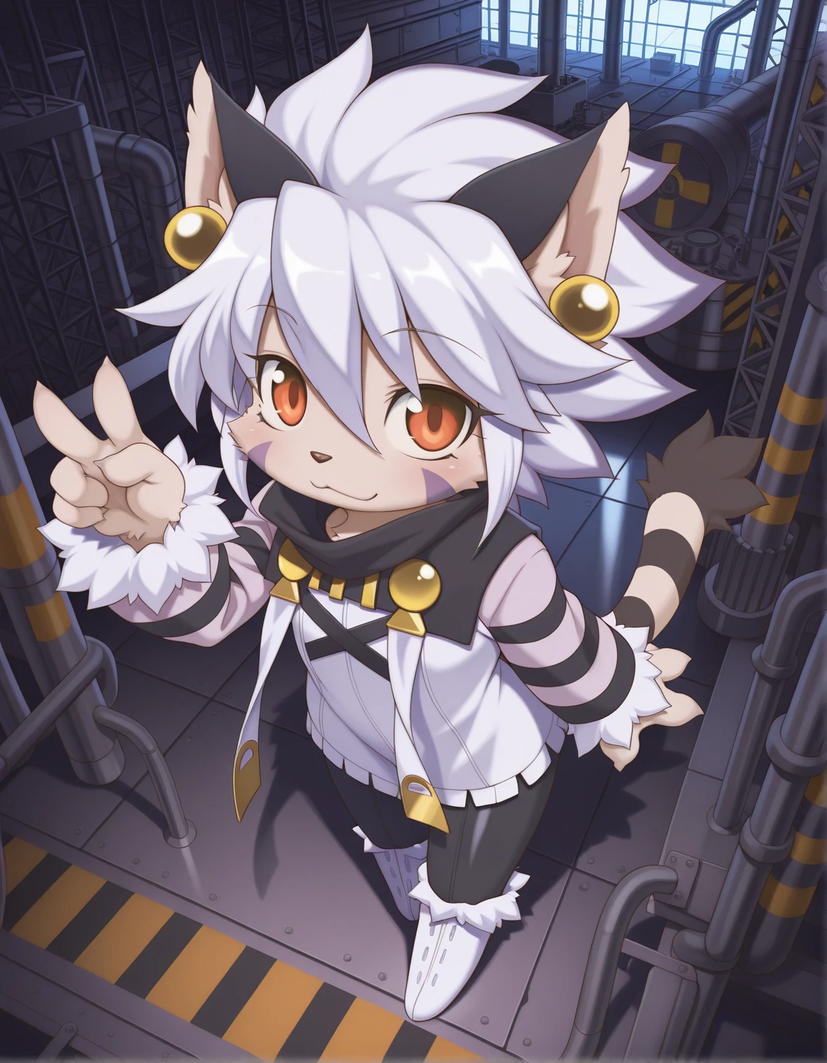 masterpiece, best quality, amazing quality, (yuichirou:1.2), chibi, <lora:ElhIllus.safetensors:1.0>, elh, 1girl, full body, from above, looking at viewer, furry female, cat ears, red eyes, orange eyes, short hair, white hair, shiny hair, facial mark, animal nose, body fur, striped tail, elhattire, earrings, fur trim, striped sleeves, white boots, black pants, peace sign, cute, smile, :3, detailed background, factory, (industrial, hazard stripes:1.2)