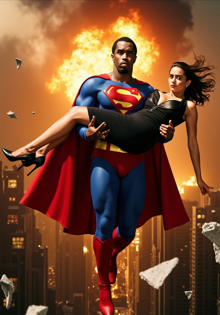 P.Diddy, transformed into the iconic Superman, soars through the sky with a woman cradled safely in his arms. His powerful physique is accentuated by the classic Superman suit—a vibrant blue bodysuit with a red cape billowing dramatically behind him. The iconic "S" shield on his chest gleams under the intense light of the surrounding chaos.

The woman in his arms is dressed in elegant evening wear, her expression a mix of relief and fear. Her hair flows behind her, caught in the wind generated by Superman's flight. P.Diddy's face is set in a determined and heroic expression, his eyes focused on the safety of the woman he is rescuing.

Behind them, a massive, fiery explosion erupts, consuming the cityscape in a blaze of orange and red flames. The explosion is so intense that it casts a warm, flickering glow on everything in its vicinity. Debris and smoke fill the air, adding to the dramatic and dangerous atmosphere. Buildings in the background are engulfed in flames, with windows shattering and steel beams twisting under the heat.

The sky is filled with a mix of dark, billowing smoke and the bright, fiery light of the explosion. The contrast between the chaos and destruction behind them and the safety and hope represented by Superman creates a powerful and emotive scene.

In the foreground, smaller details add to the realism and intensity of the moment. Shattered glass and fragments of concrete fall from the sky, reflecting the light of the explosion. The city below is a blur of motion, with people fleeing the scene and emergency vehicles rushing to the aid of those in need.

P.Diddy as Superman is the epitome of heroism, his strong and confident stance conveying a sense of protection and security amidst the chaos. The woman in his arms clings to him, trusting in his ability to save her from the impending danger

P.Diddy 