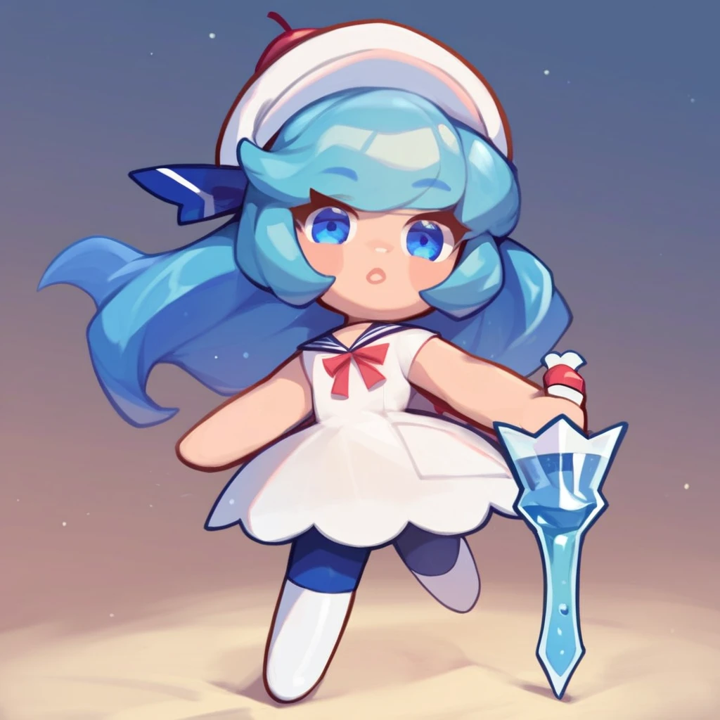 score_9, score_8_up, score_7_up, score_6_up, score_5_up, score_4_up, creamsoda, blue hair, blue eyes, white hat, uniform, blue pants, white boots, holding, sword