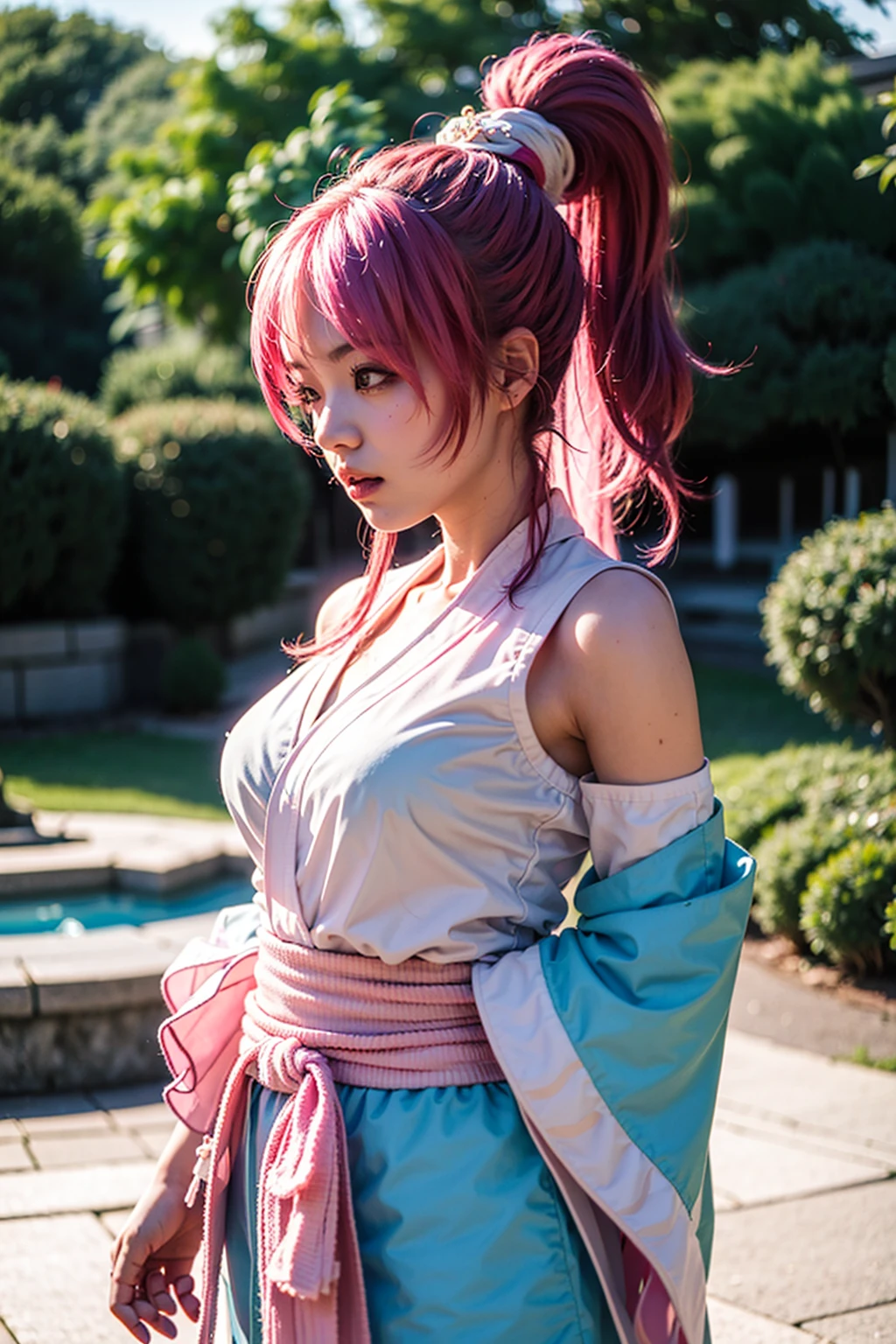 masterpiece, best quality, highres,  <lora:megumi_V1:1> 1Japanese girl, mgmaikw, pink hair, ponytail, miko,  large sword