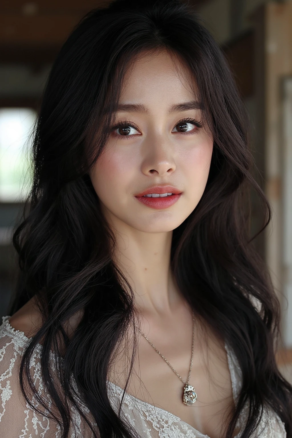 bright photo of beautiful korean girl with long  black wavy hair wearing bohemian dress, inside a rustic house, necklace, dslr, studio lighting, high quality,  light reflections, blood vessels, pale skin, detailed skin, <lora:flux_realism_lora:1>,<lora:makinaflux_kimtaehee_v1.0:1>