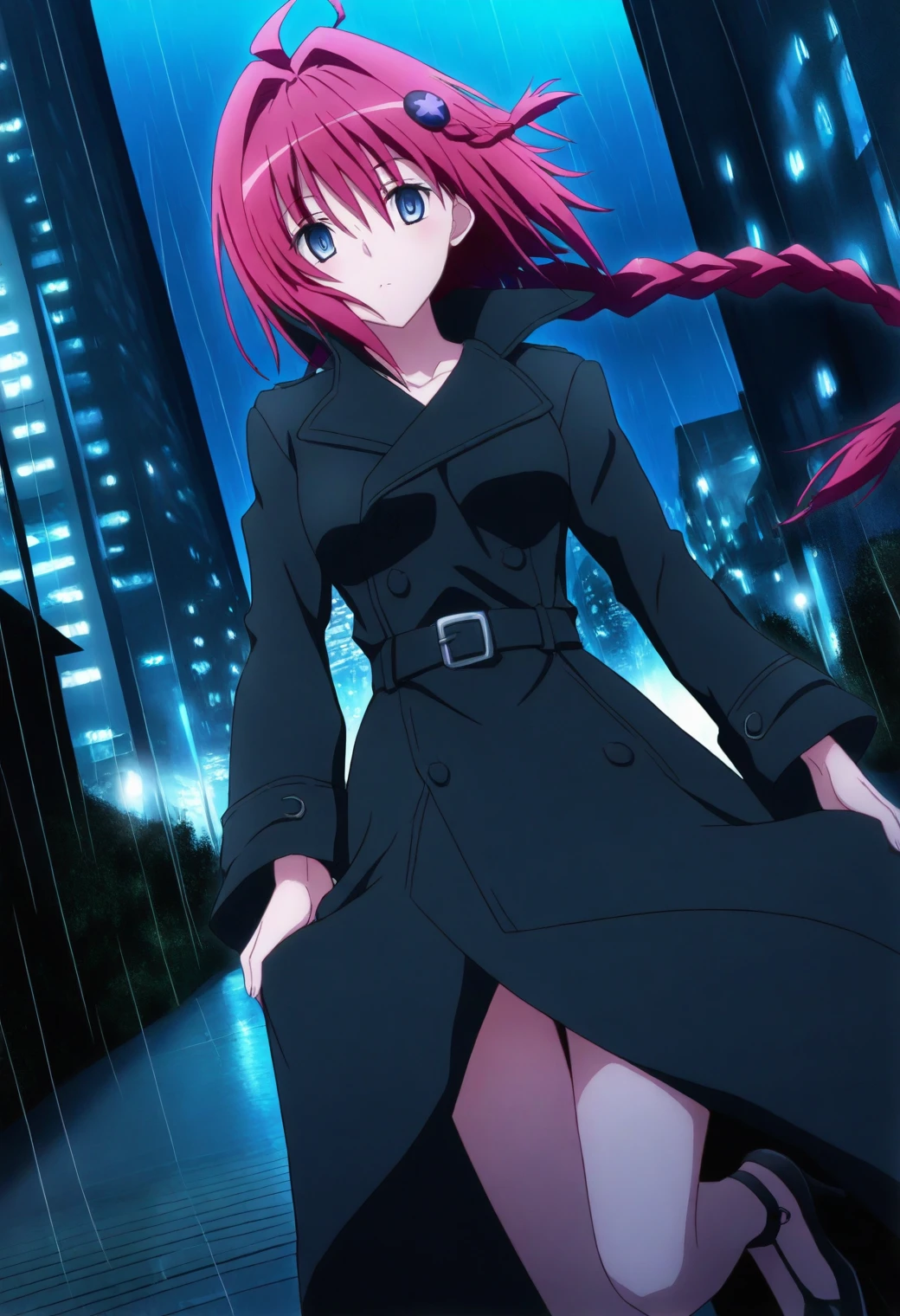 <lora:Mea Kurosaki - [To Love Ru] - illustriousXL v1:1>, sysdeep_mea, red hair, blue eyes, long hair, single braid, solo, Rain-soaked street, high heels, trench coat, city lights reflecting