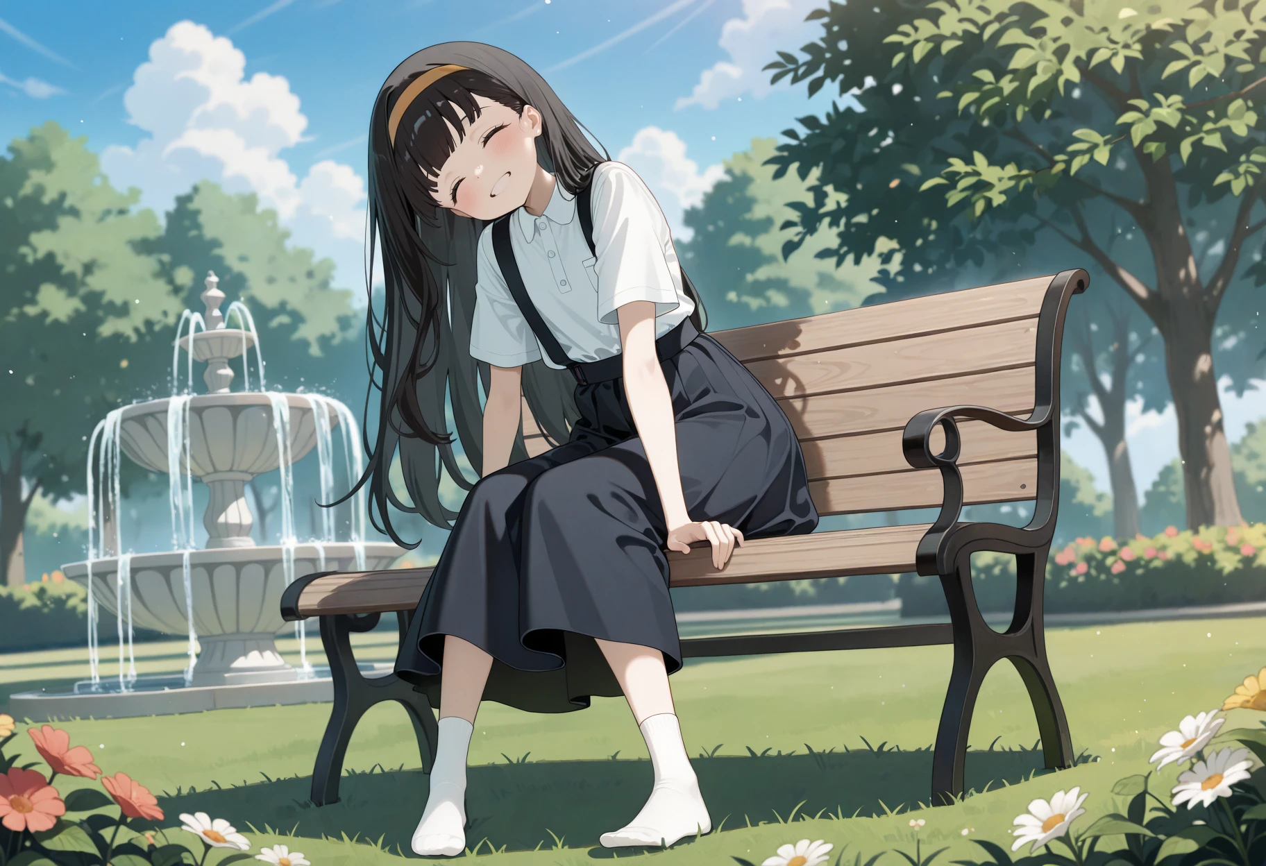 masterpiece, best quality, absurdres, newest, very aesthetic, amazing quality, highres, sensitive, full body, solo, 1girl, <lora:Nukumizu Kaju (Make Heroine ga Oosugiru!):1>, kaju-casual1, nukumizu kaju, black hair, long hair, blunt bangs, hairband, suspenders, white shirt, collared shirt, suspender skirt, long skirt, white socks, sitting, head tilt, smile, blush, arm support, closed eyes, park, park bench, grass, trees, flowers, fountain, blue sky, clouds, outdoors