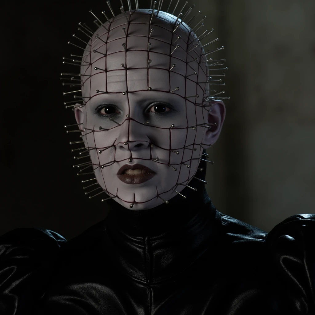 cinematic film still of  <lora:Pinhead v1:0.9>
Pinhead a close up of a female gothic person wearing a costume 1980's, action, horror, movie themed, sharp, detailed, epic cinematic photography, artistic, dramatic light, cinematic color style, Kodak film style, Hellraiser style, solo, looking at viewer, upper body, black eyes, portrait, shallow depth of field, vignette, highly detailed, high budget, bokeh, cinemascope, moody, epic, gorgeous, film grain, grainy