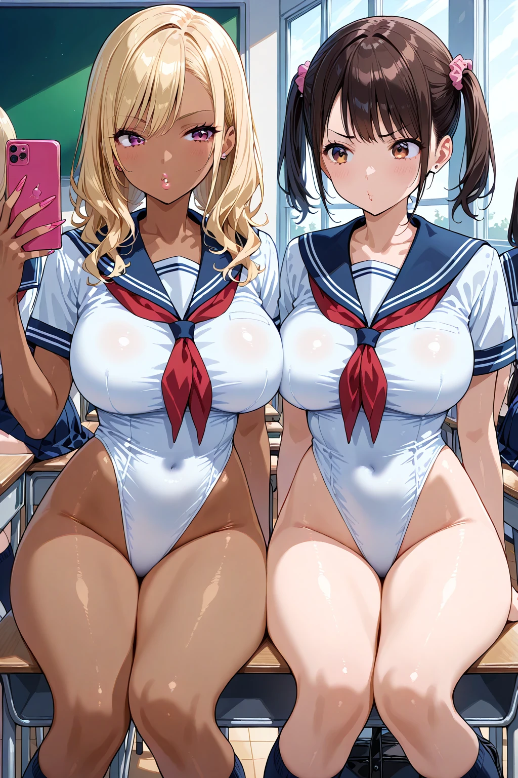 serafuku leotard, <lora:Serafuku Leotard Illustrious:0.6>, multiple girls, lips, pouty lips, holding phone, dark-skinned female, twintails, large breasts, gyaru, indoors, classroom, 2girls, sitting, school desk
