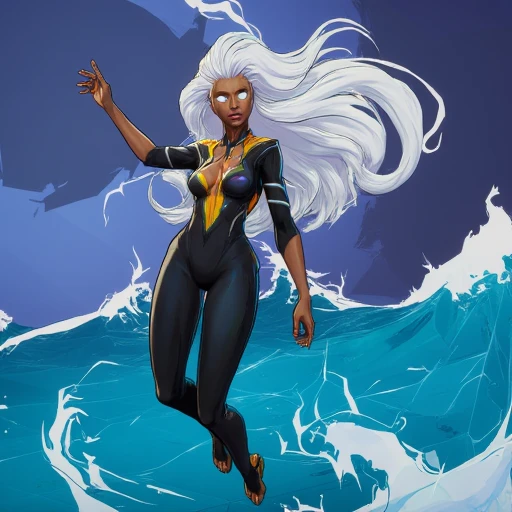 Illustration in style of MarvelRivalsStyle-Flux.V1 of Dark skinned African woman with blank white eyes, and long white hair, floating in air above the ocean with thunderstrom in the background