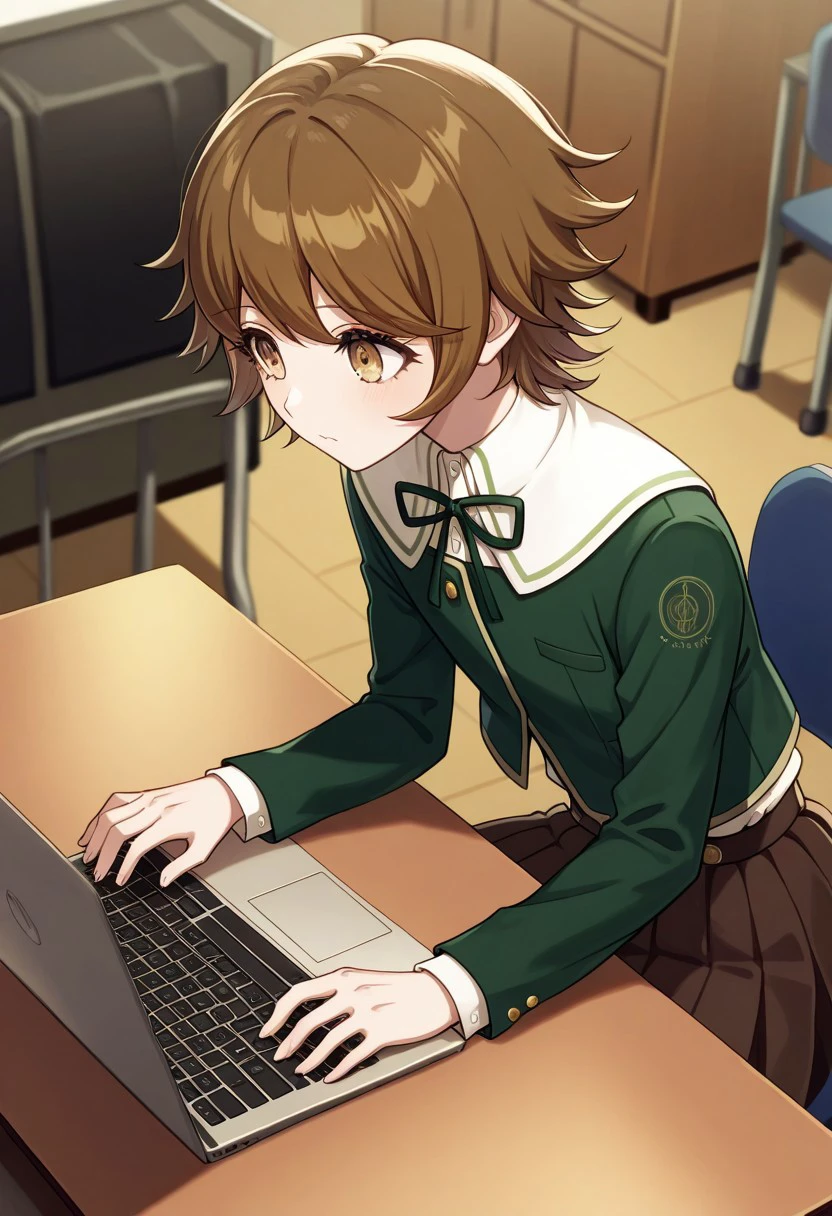 masterpiece, best quality, 
chihiro, 1boy, male focus, solo, brown eyes, brown hair, bangs, crossdressing, shirt, white shirt, collared shirt, ribbon, neck ribbon, jacket, green jacket, long sleeves, skirt, brown skirt, pleated skirt,  focused, typing
indoor, sitting, chair, desk, laptop,