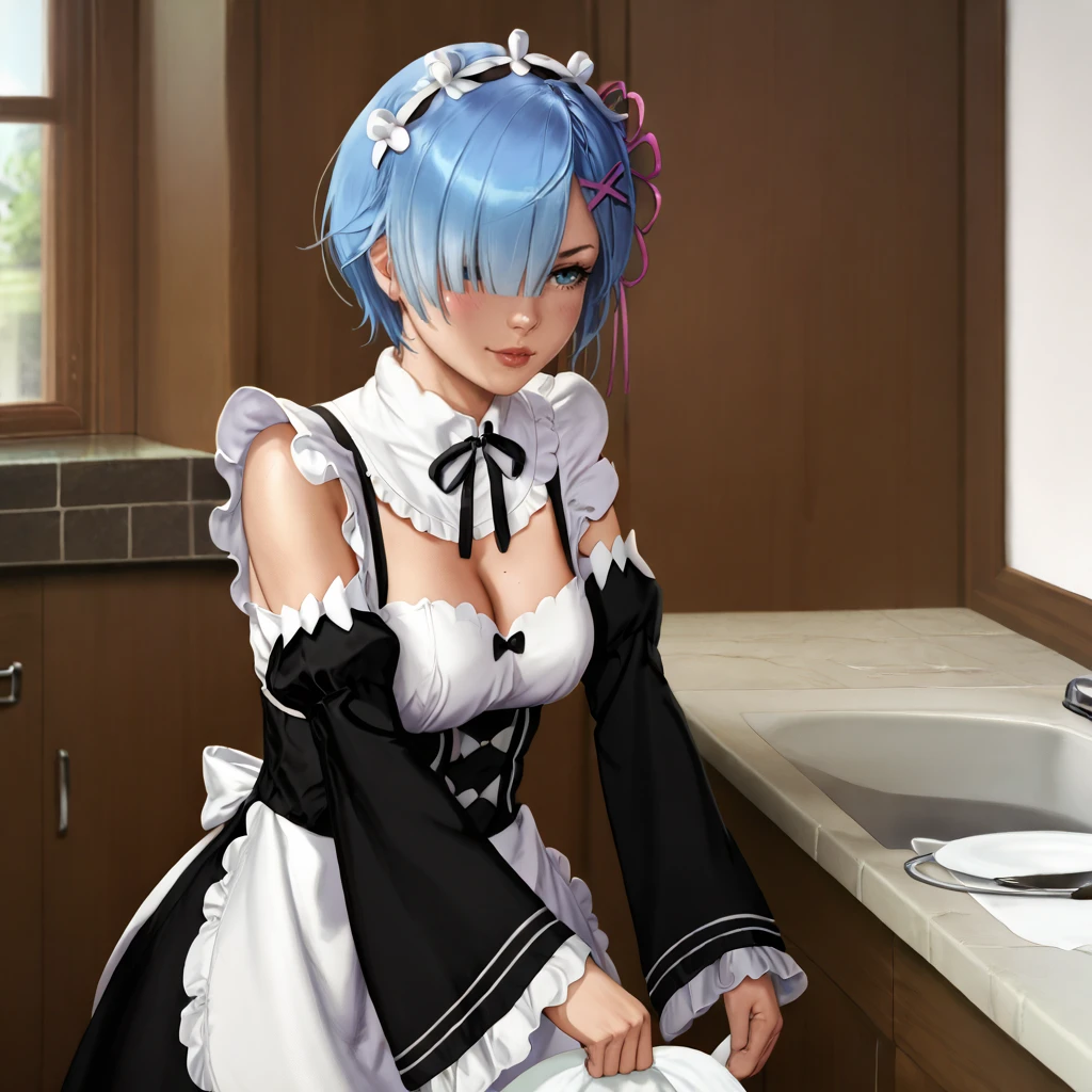 <lora:krysdecker_pony_v1:1> score_9, krysdecker_style, krysdecker, source_artwork  <lora:remrezero_pony_v1:0.8> Rem, 1girl, roswaal mansion maid uniform, blue hair, blue eyes, short hair, hair over one eye, x hair ornament, detached sleeves, hair ribbon, maid headdress, medium breasts, pink ribbon, cleavage, apron, cowboy shot