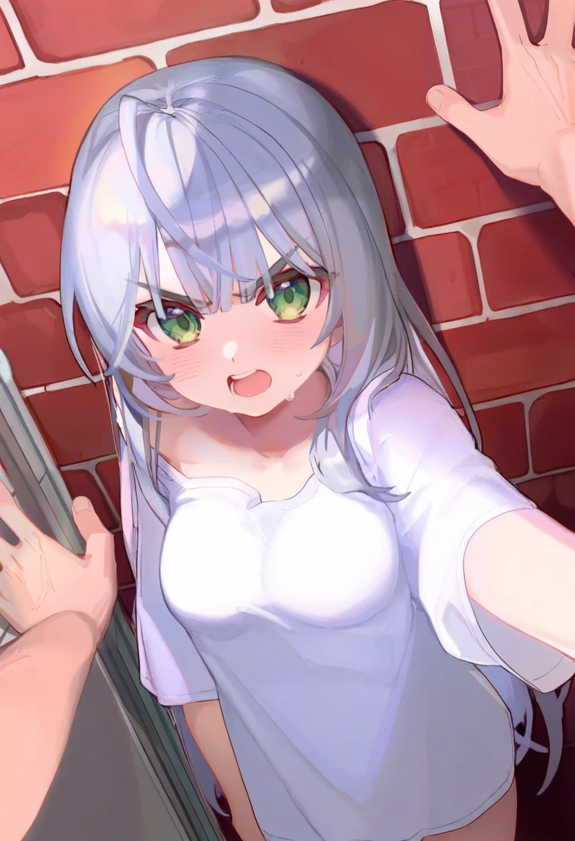 1girl, 1boy, by ciloranko, by kedama milk, 
long hair, green eyes, grey hair, white shirt, t-shirt, oversized clothes, medium breasts, open mouth, angry, 
kabedon, looking at viewer, against wall, brick wall, 
masterpiece, best quality,