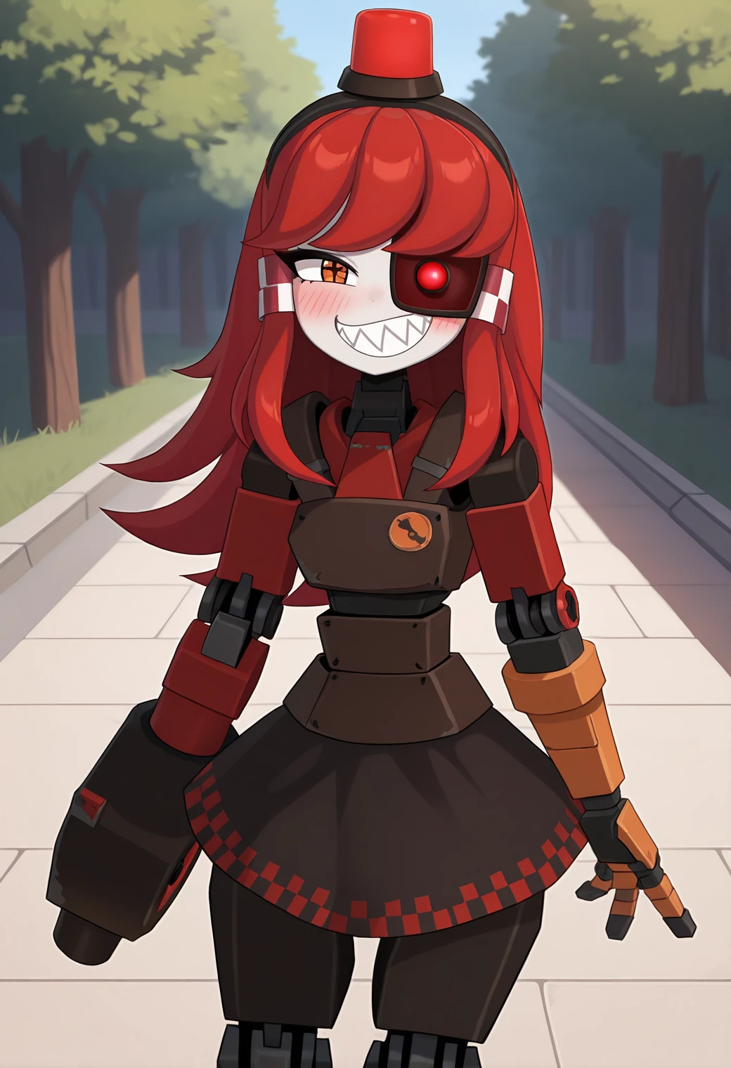 highres, best quality, masterpiece, outdoors,
solo, 1girl, mimistrytf, mechanical eye, red hair, orange eyes, red eyes, long hair, hair tubes, mini hat, alarm siren, symbol-shaped pupils,
robot, arm cannon, black skirt, robot joints,
looking at viewer, blush, smug, sharp teeth,
standing,
<lora:_mimi_sentry-elesico-ilxlDB:1.25>