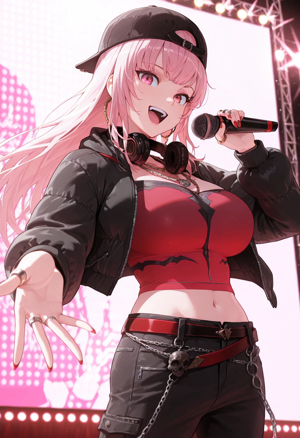 masterpiece, best quality, amazing quality,  
 <lora:moriIL-10:1> moriIL, moriunderworld, backwards hat, headphones around neck, black jacket, red tube top, midriff, black pants, 1girl, solo, long hair, looking at viewer, smile, open mouth, large breasts, shirt, long sleeves, hat, navel, holding, jewelry, jacket, :d, open clothes, belt, pants, necklace, nail polish, open jacket, crop top, black headwear, chain, headphones, ring, red shirt, microphone, baseball cap, red nails, skull, holding microphone, multiple rings, stage lights, concert,