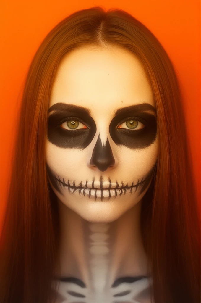 Photo of a woman with a skull face painted on, using black and white makeup, with a bright orange background. Her skin is light and smooth, with no visible pores, freckles, or liver spots. Her hair is long and brown, framing her face. The makeup is symmetrical and detailed, with a focus on her eyes and nose.  <lora:makeup_art_FLUX_v1:0.8>