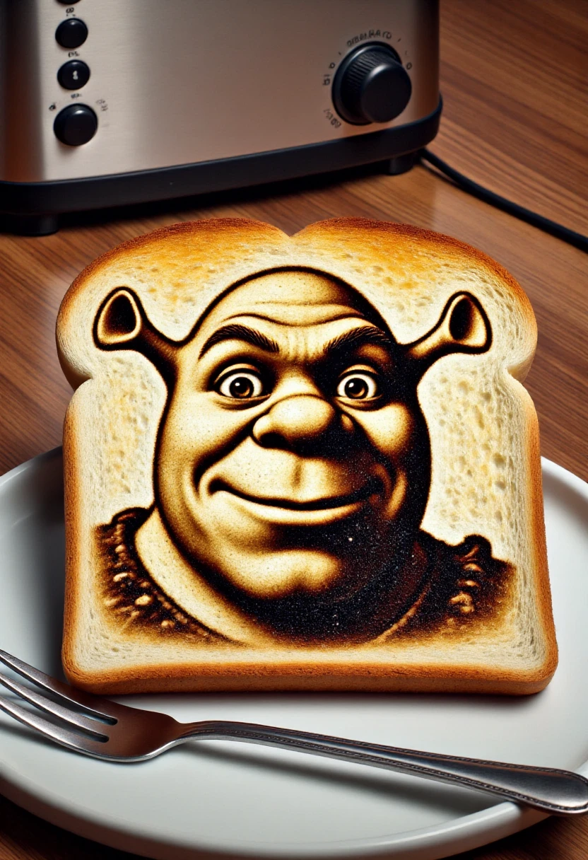 <lora:Toastastic_FLUX-000013:1.0>
This photograph features a slice of bread that has been toasted in a way that resembles a monochromatic image of the face of Shrek.