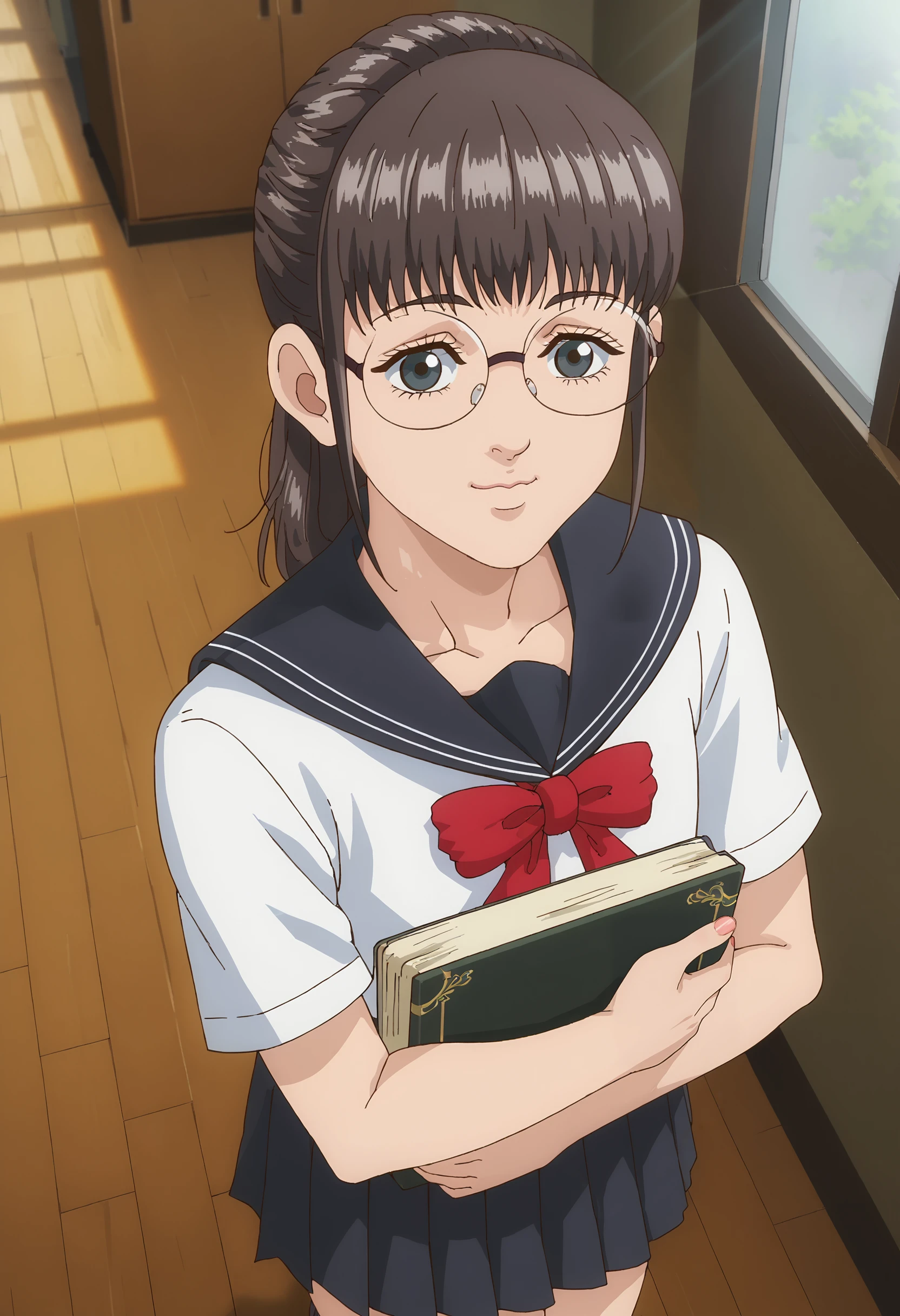 <lora:PonyScores7:1> anime coloring, source_anime, rating_safe, uncensored BREAK
masterpiece, best quality, very aesthetic, absurdres, anime screencap BREAK
<lora:Trillion_Game_-_Mizuki:1> trillionmizukiteen, brown hair, choppy bangs, ponytail, blue eyes, glasses, rimless eyewear BREAK
school uniform, serafuku, red bow, pleated skirt BREAK
school, indoors, corridor, windows, (sunlight, dappled sunlight:1.2) BREAK
textbook, (hugging book, walking:1.2), light smile, dutch angle, cowboy shot, high angle shot