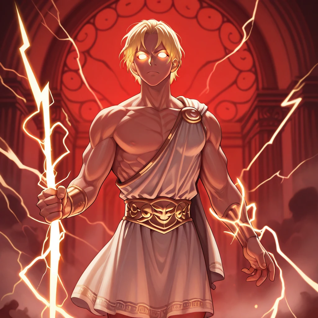 masterpiece, best quality, HoldingZeusThunderBolt, holding lightning, 1boy, solo, blonde hair, short hair, no pupils, glowing eyes, muscular, white roman clothes, cowboy shot,   <lora:HoldingZeusThunderBolt_illustrious_Leaf2:1>, red theme,