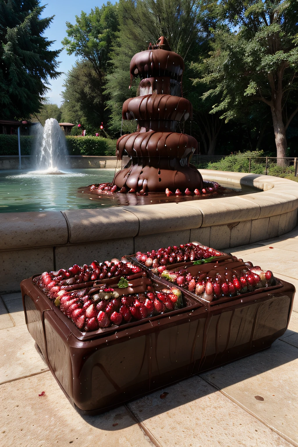 ChocolatePomegranateWorld bench in a park with plants flowers and a fountain 
