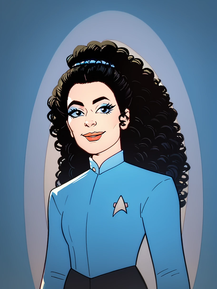 easynegative, zPDXL,  1girl, solo , cowboy shot, ,facing the viewer, happy,
<lora:Deanna_Troi_Comic_Pony:1> troi, black hair, , curly hair, , lips, makeup
<lora:StarTrekPony:1> blue uniform, black pantsâââ