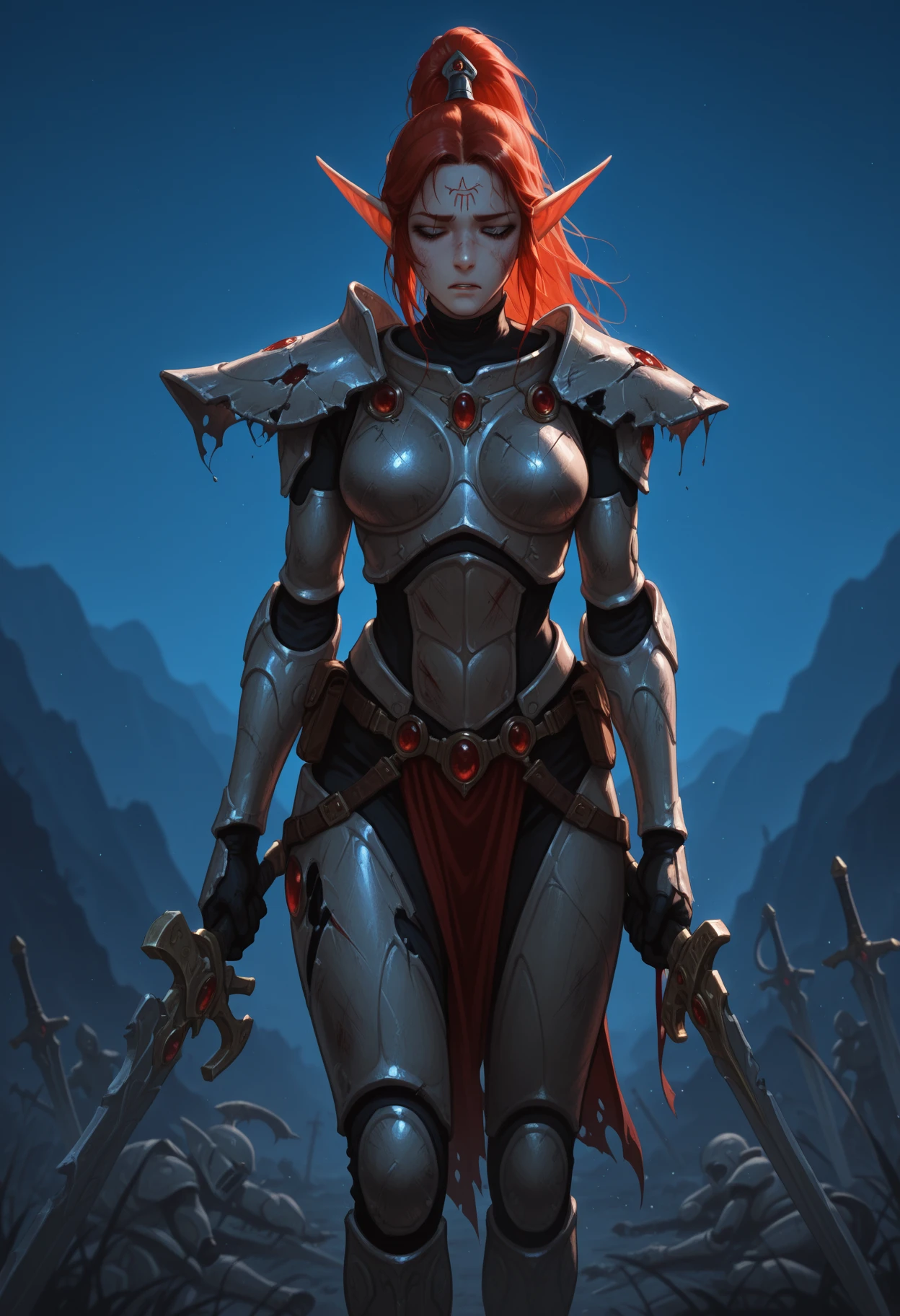 outdoors, eldar
1girl, solo, <lora:eldar-il:1> aeldari-il, armor, torn clothes, broken armor, holding side, sword, exhausted, bloody, masterpiece, best quality, dark, night, night time, dim lighting