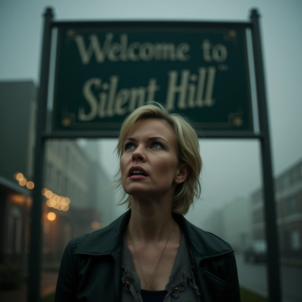 cinematic film still of  <lora:horror style silent hill v1:0.7>
In the mysterious New England town of Silent Hill Protagonist a woman standing in front of a sign says "welcome to silent hill", 1girl, solo, short hair, blue eyes, blonde hair, jewelry, jacket, parted lips, teeth, necklace, mole, english text, lips, looking up, portrait, realistic, cinematic, supernatural, horror style, Sairento Hiru style, outdoors, sign, shallow depth of field, vignette, highly detailed, high budget, bokeh, cinemascope, moody, epic, gorgeous, film grain, grainy