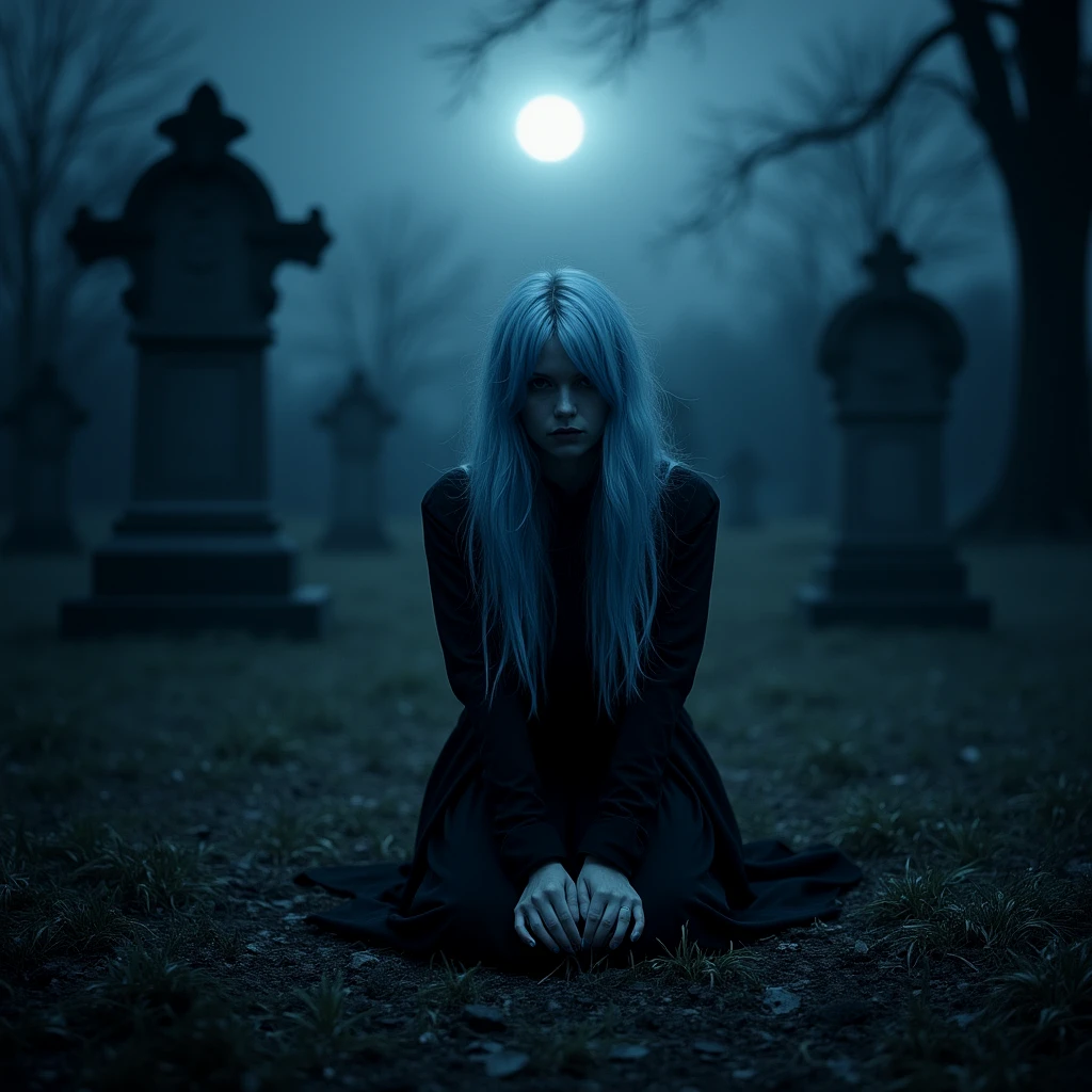 Long pale blue hair, kneeling in a moonlit graveyard, glaring at the viewer.Facing the viewer.

Photorealistic.

Dark. Night. Chiaroscuro. 