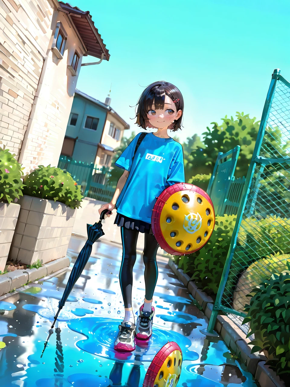 1girl, young girl, short hair, round face, down turned eyes, hair clip on front,
shirt, leggings, skirt, socks, shoes, 
masterpiece, latest, best quality, very aesthetic, absurdres, (high resolution:1.1), detail, (best quality:1.1),
holding round shield, holding closed umbrella, enjoying,
outdoors, small town, fence, bush, wall, puddle, water drop, detailed background, 
<lora:Gyan_Shield_Illustrious:1>, gyanshield, dutch angle,