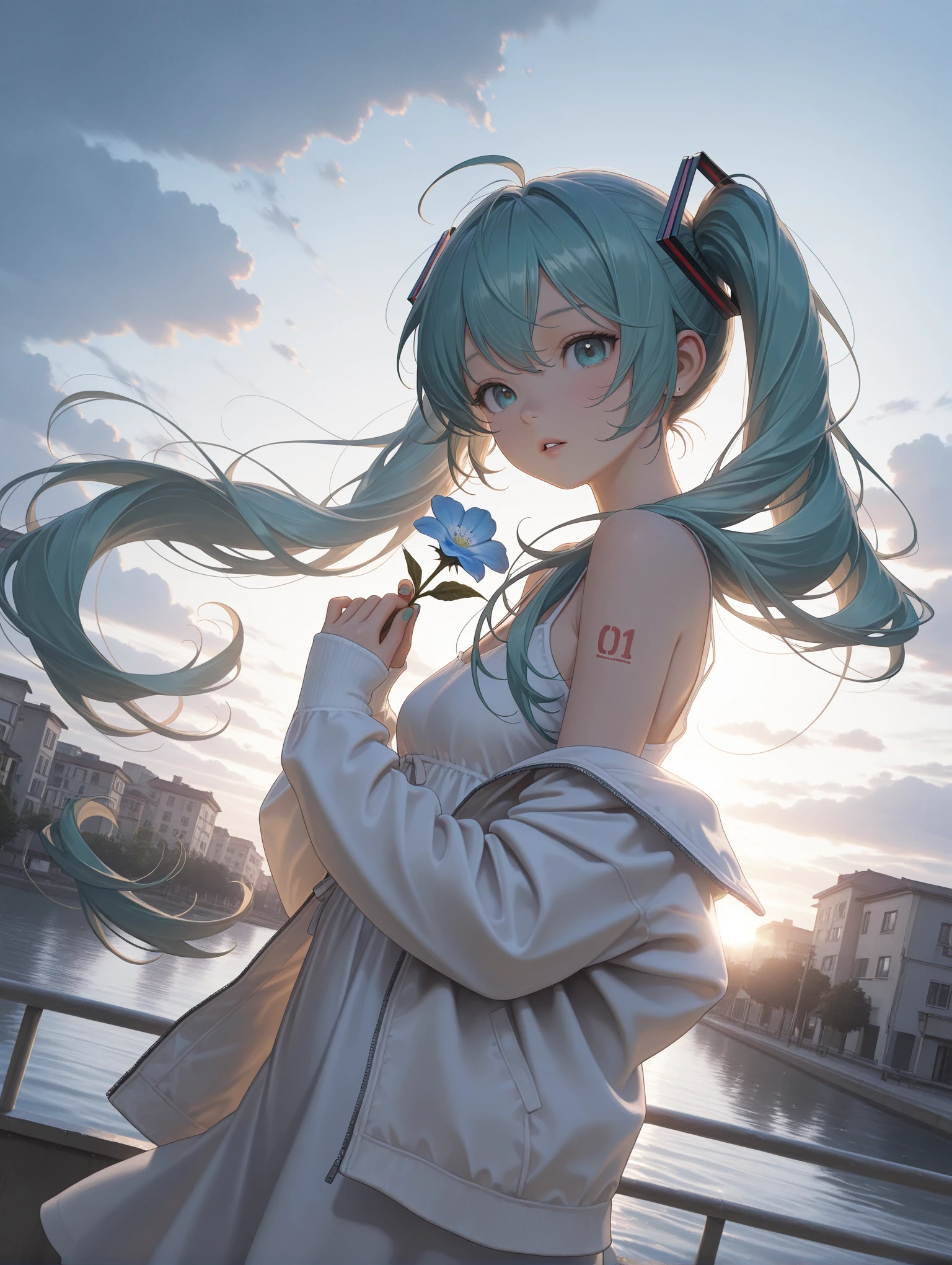 (photorealistic),impactful picture,offcial art,movie perspective,
1girl, solo, holding flower, cloud, sky, backlighting, outdoors, dress, floating hair, ahoge, off shoulder, white flower, white dress, sleeves past wrists, jacket, hair ornament, looking at viewer, long sleeves, cloudy sky, parted lips, white jacket, building, jewelry, water, open clothes, blue flower very aesthetic,, shirt, 1girl,hatsune_miku,from_side,dutch_angle,
masterpiece,best quality,amazing quality,very aesthetic,absurdres,newest, volumetric lighting,