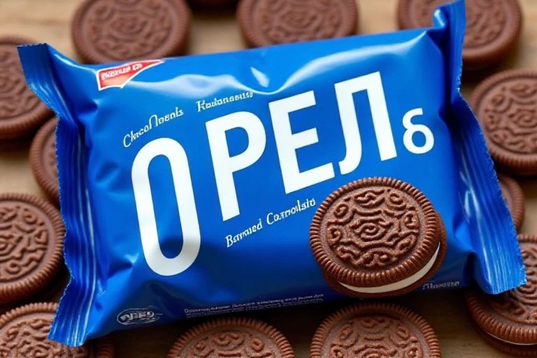 Big white text "O P É â" on chocolate cookies blue pack that looks like Oreo