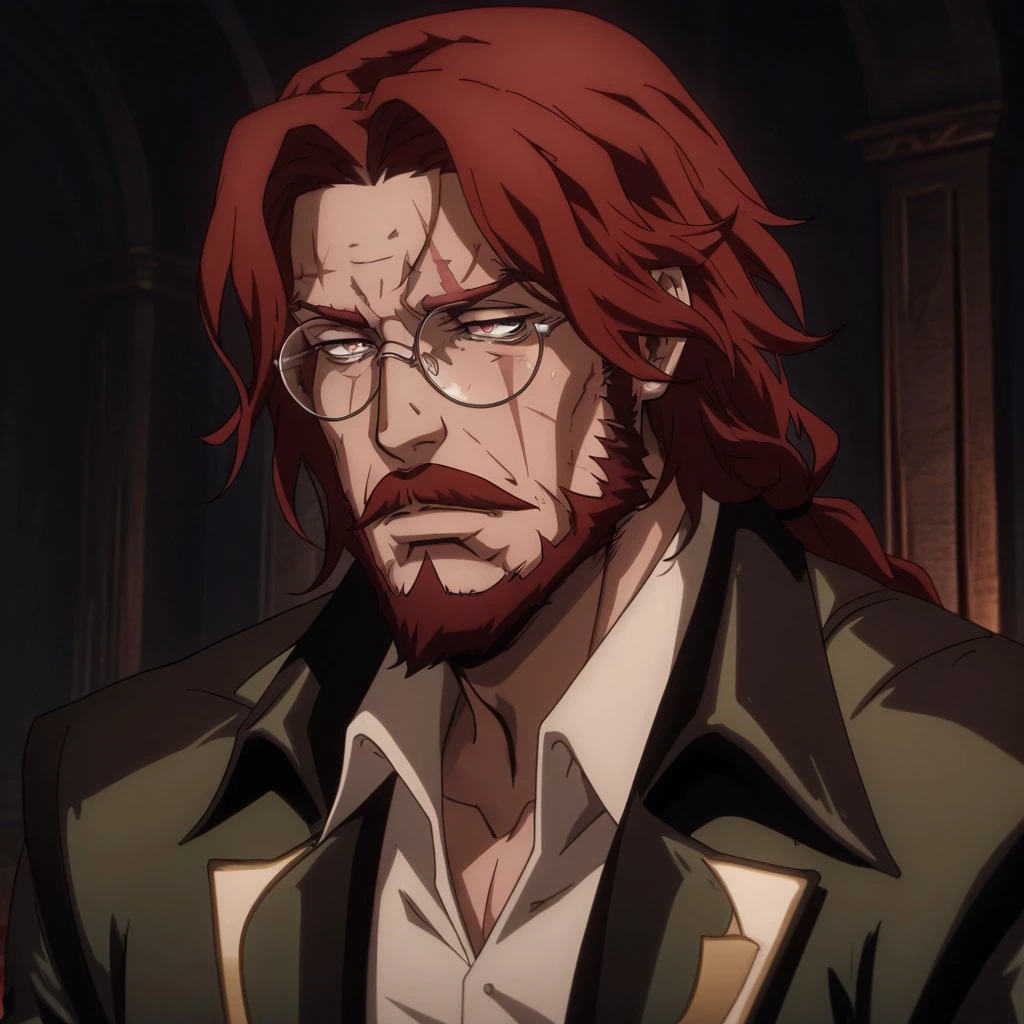 masterpiece, best quality, newest, absurdres, highres, anime, anime style, CastleVaniaStyle-IL.V1.0 1boy, glasses, red hair, suit, round glasses, beard, facial hair, mustache, scar, scars on face