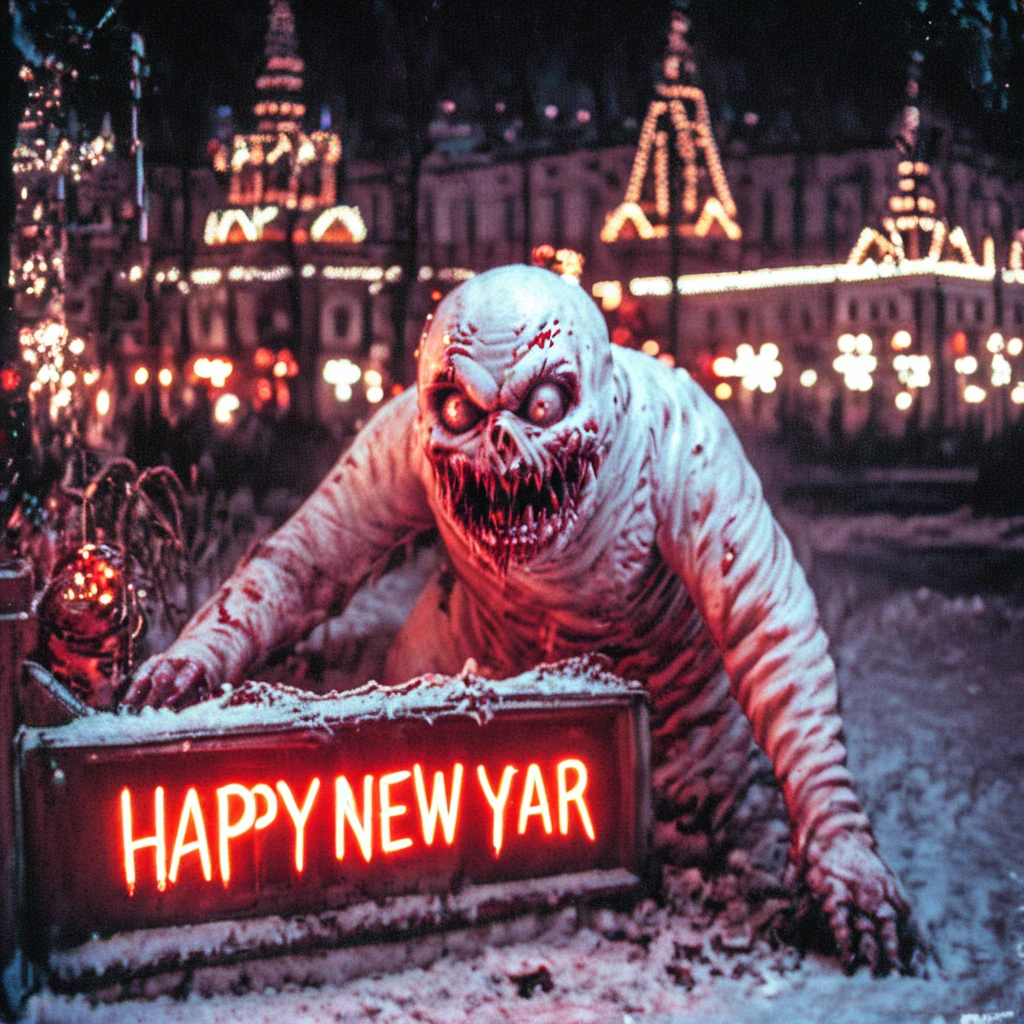 <lora:Horror_Snowman_Happy_New_Year_SDXL:1.1>, crasno, neon text, snowman, solo, zombie, looking at viewer, "happy new year", christmas lights, teeth, building, blood, snow, monster, horror \(theme\)