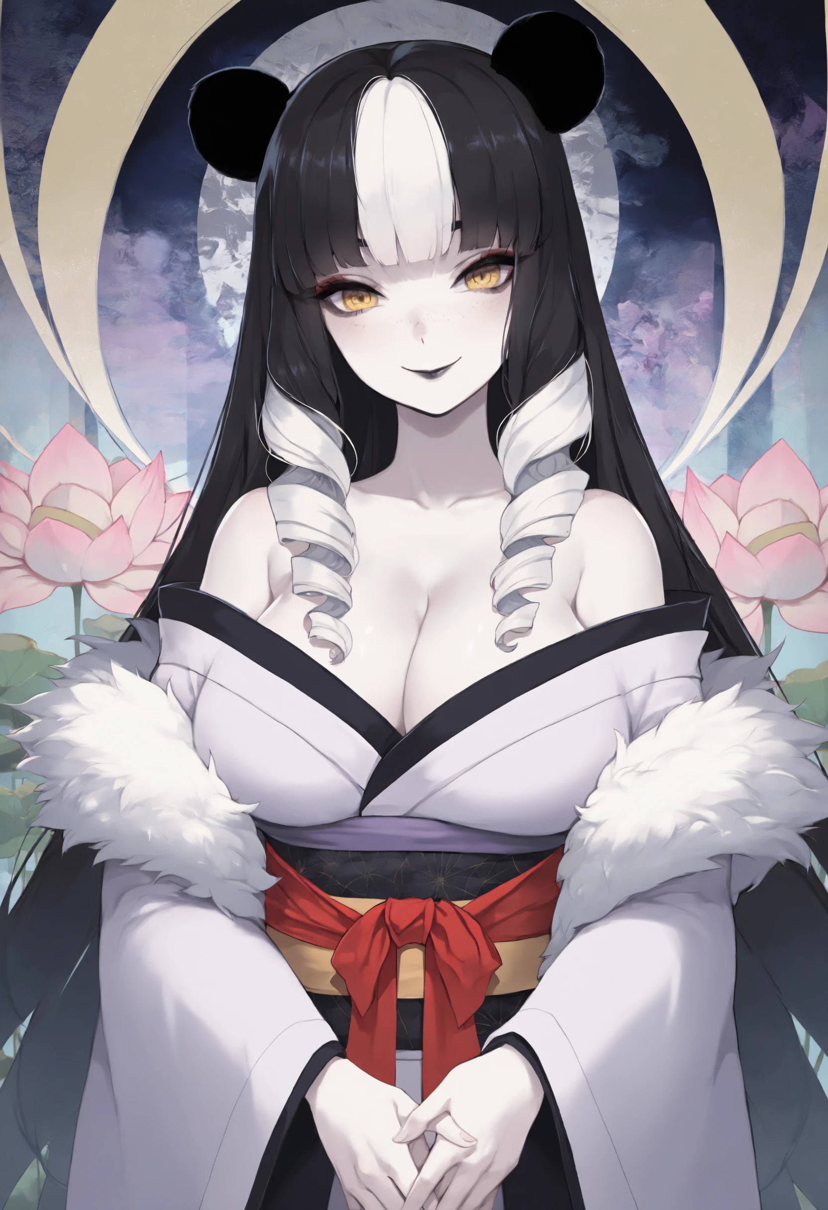 masterpiece, best quality, abstract background,lotus,1girl,mature female,panda ears,white hair,black hair,multicolored hair,hime cut,drill sidelocks,pale skin,yellow eyes,black lips,freckles,kimono,off shoulder,fur trim,cleavage,looking at viewer,smile,wide sleeves,ribbon sash,hands together