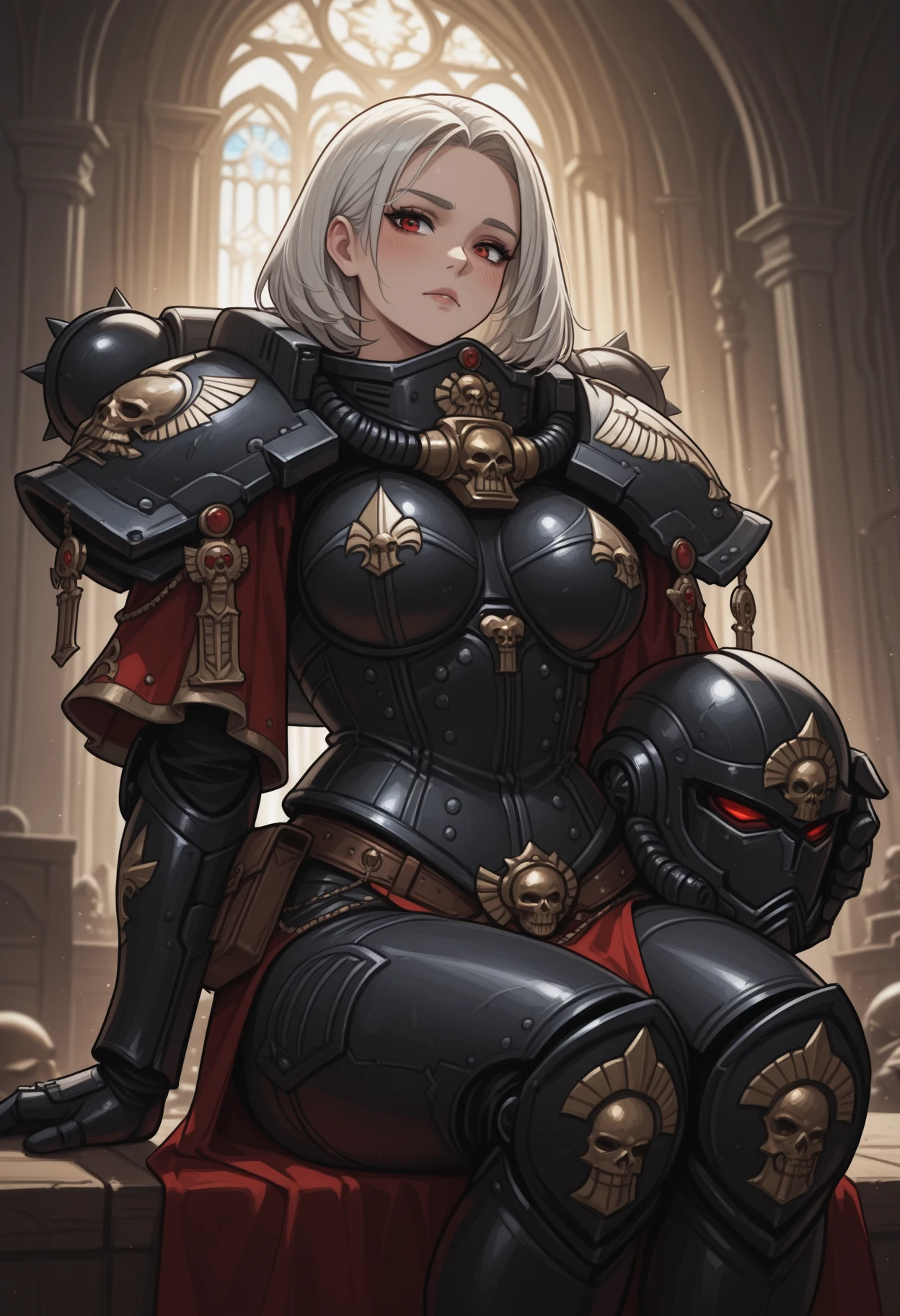 <lora:sororita-il:1> sororita-il
indoors, cathedral
1girl, adepta sororitas, power armor, sitting, holding helmet, masterpiece, best quality