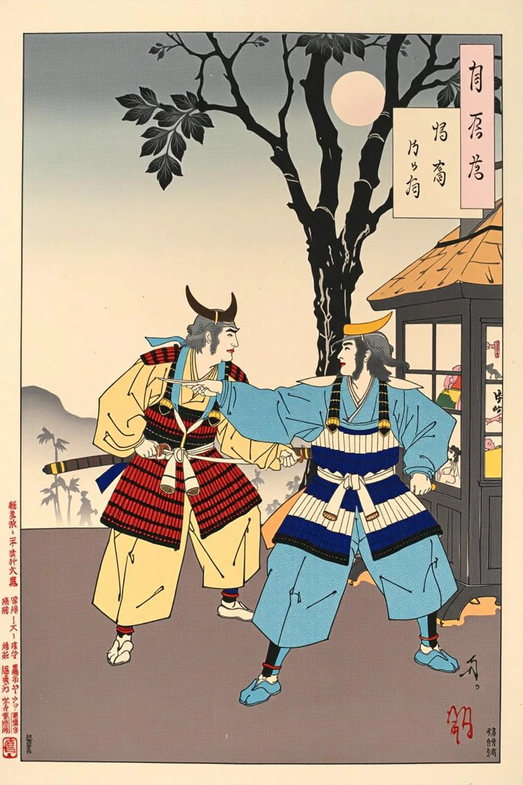 tsukioka1 Japanese woodblock print ukiyo-e. Two samurai dueling at Sundown <lora:schnell_v1.0:1.0> <lora:tsukioka_ukyo-e4_nocap_d8a4:1.0><lora:798026497500722668:0>