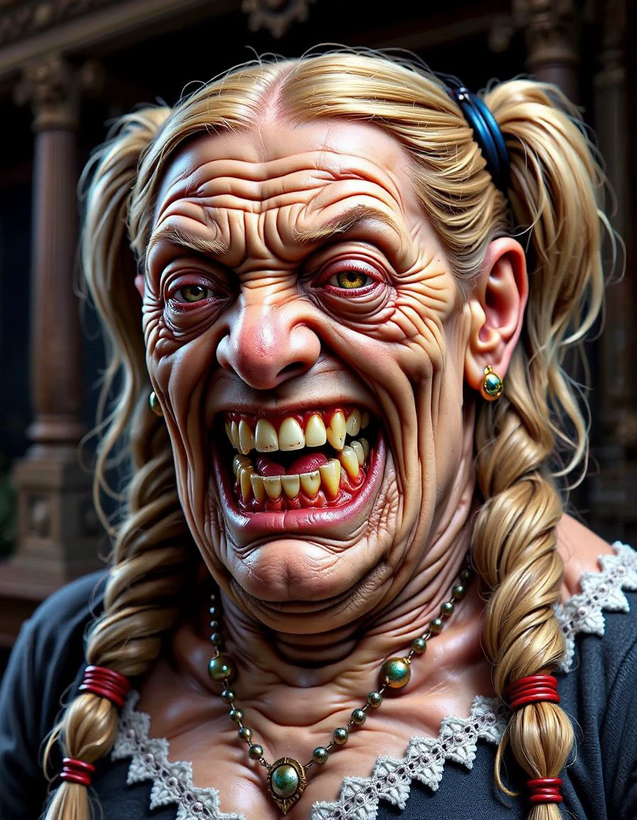 doudou,Hyperrealistic 3D render of an exaggerated caricature, grotesque voluptuous pigtails blonde woman , deep wrinkles etching her face, oversized mouth revealing decaying yellow teeth, grimy skin texture, dramatic shadows, cinematic lighting, unsettling atmosphere, highly detailed.<lora:doudouille:1>