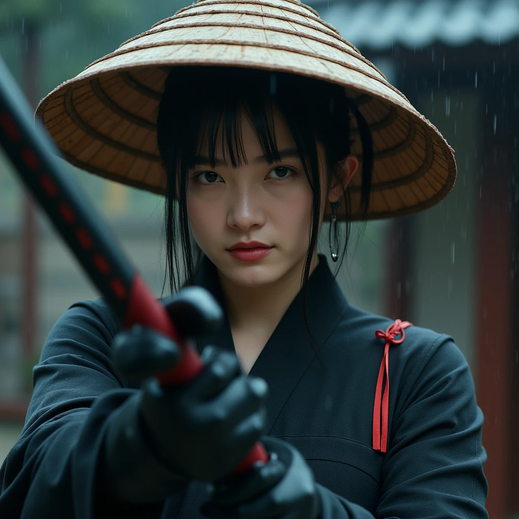 cinematic film still of <lora:Shogun style v1:0.5>
Shogun a woman with a hat holding a sword, 1girl, solo, long hair, looking at viewer, bangs, black hair, gloves, hat, ribbon, holding, hair between eyes, jewelry, hair ribbon, upper body, ponytail, weapon, earrings, outdoors, parted lips, japanese clothes, black gloves, sword, fingerless gloves, holding weapon, armor, blurry, red ribbon, lips, glowing, holding sword, katana, building, low ponytail, rain, brown headwear, straw hat, red lips, japanese armor, short sword, conical Asian hat, sedge hat, rice hat, paddy hat or coolie hat, Japanese culture, Samurai, armor, warrior, horror theme, Shogun style, short hair, shoulder armor, sode, samurai, ajirogasa
, shallow depth of field, vignette, highly detailed, high budget, bokeh, cinemascope, moody, epic, gorgeous, film grain, grainy