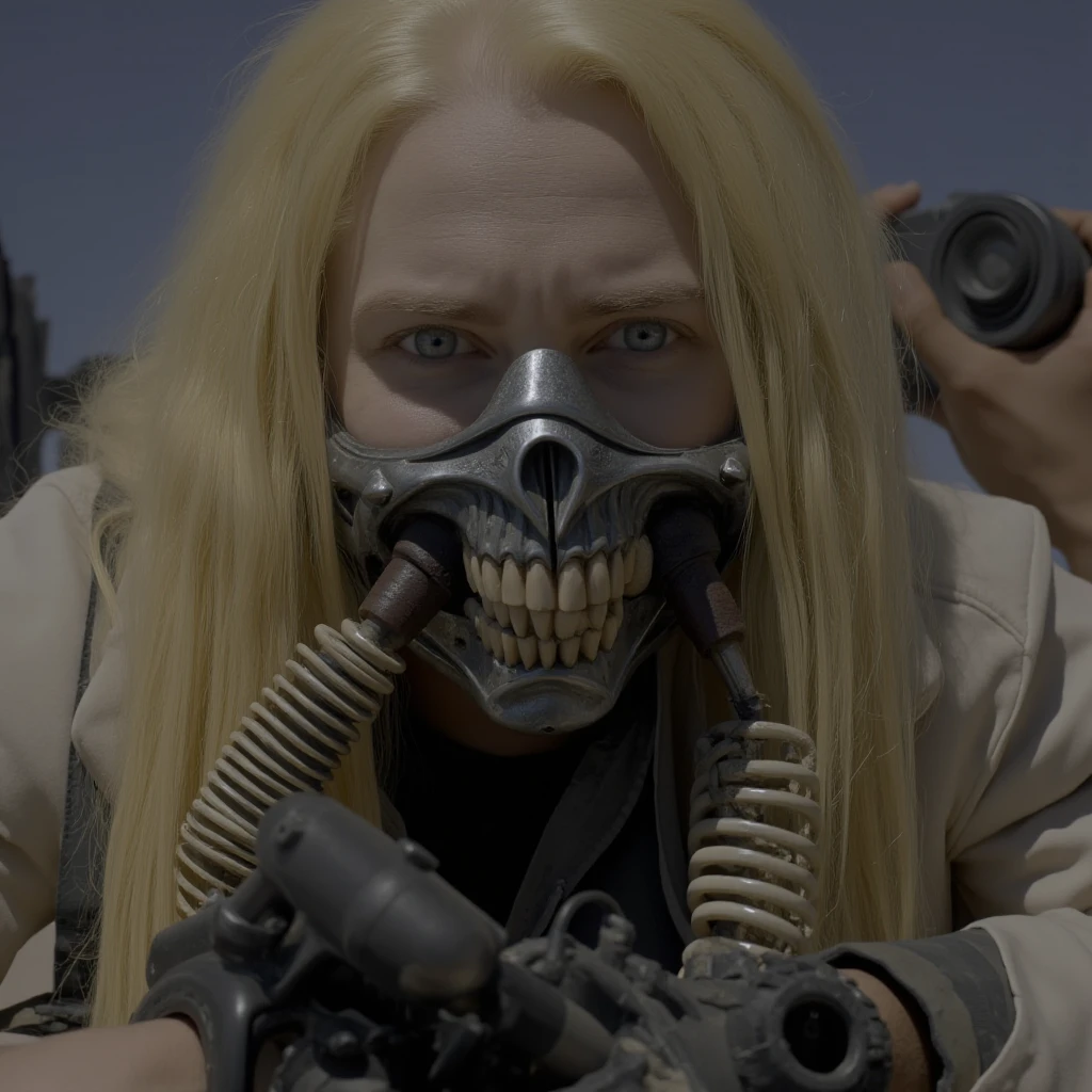 cinematic film still of  <lora:dystopian style Mad Max v1:0.9>
In a dystopian world - The collapse of society Immortan Joe a man with a gas mask and a long hair, blonde hair, 1boy, weapon, male focus, multiple boys, 2boys, gun, mask, realistic, bald, cyborg, action movie themed, sharp, detailed, epic cinematic photography, artistic, dramatic light, cinematic color style, Kodak film style, Mad Max Fury Road style, solo, teeth, portrait, cable, gas mask, tube, staring, shallow depth of field, vignette, highly detailed, high budget, bokeh, cinemascope, moody, epic, gorgeous, film grain, grainy