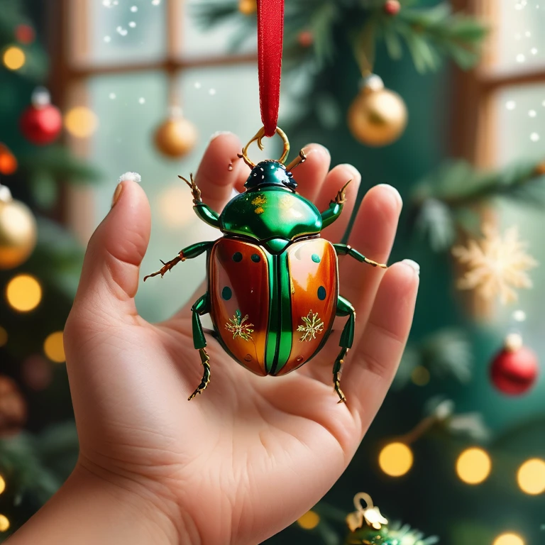 A person delicately holds a (christmas ornament shaped like a BugXmas beetle) in their hands.
Their hands are open and carefully cradling the (christmas ornament shaped like a BugXmas beetle), highlighting a sense of wonder and care.
BugXmas is decorated with small, colorful snowflakes and placed on a Christmas tree, including BugXmas golden and green BugXmas.
The background shows a cozy, softly lit room with a window displaying a blurred, wintry outdoor scene. The overall style is hyper-realistic with a warm, festive atmosphere.
<lora:BugXmas:0.65> <lora:MJ52:0.625> <lora:SDXLFaeTastic2400:0.625> <lora:LCMV2-PONYplus-PAseer:1.05>