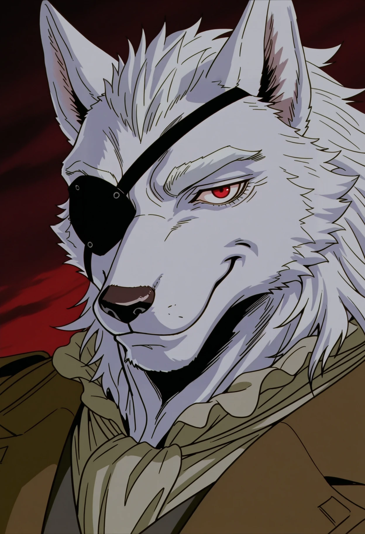 <lora:BerserkILLUSTRIOUS:1> berserk,
1boy, male focus, furry male, furry, red eyes, wolf boy, one eye covered, animal ears, wolf ears, solo, looking at viewer, eyepatch, wolf tail, closed mouth, white hair, smile, portrait