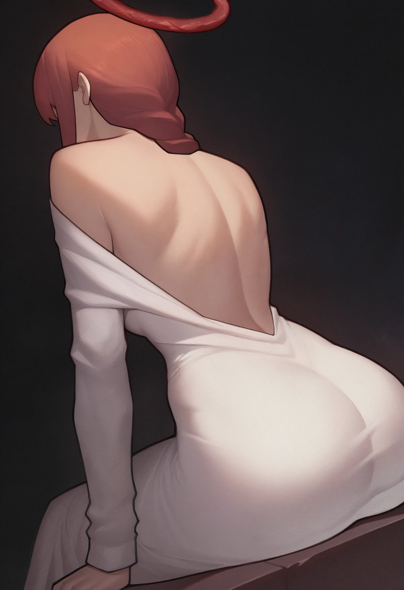 1girl, solo, makima \(chainsaw man\), white dress, backless dress, sitting, red hair, ass, long sleeves, single off shoulder, red halo, dark background, 
masterpiece, best quality, <lora:Asura-guy90-Illust-Lycorisv1:1> arrusa