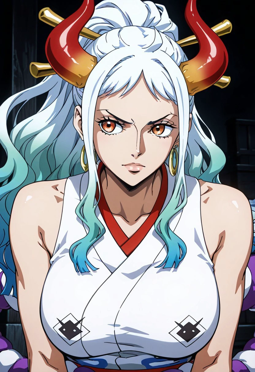 masterpiece, best quality, newest, absurdres, highres, anime, anime style, CastleVaniaStyle-IL.V1.0 1girl, yamato \(one piece\), curled horns, red horns, multicolored horns, orange eyes, white hair, green hair, long hair, multicolored hair, aqua hair, gradient hair, blue hair, sidelocks, ponytail, high ponytail, hair stick, large breasts, sleeveless kimono, bare shoulders, hoop earrings, earrings, shimenawa, toned