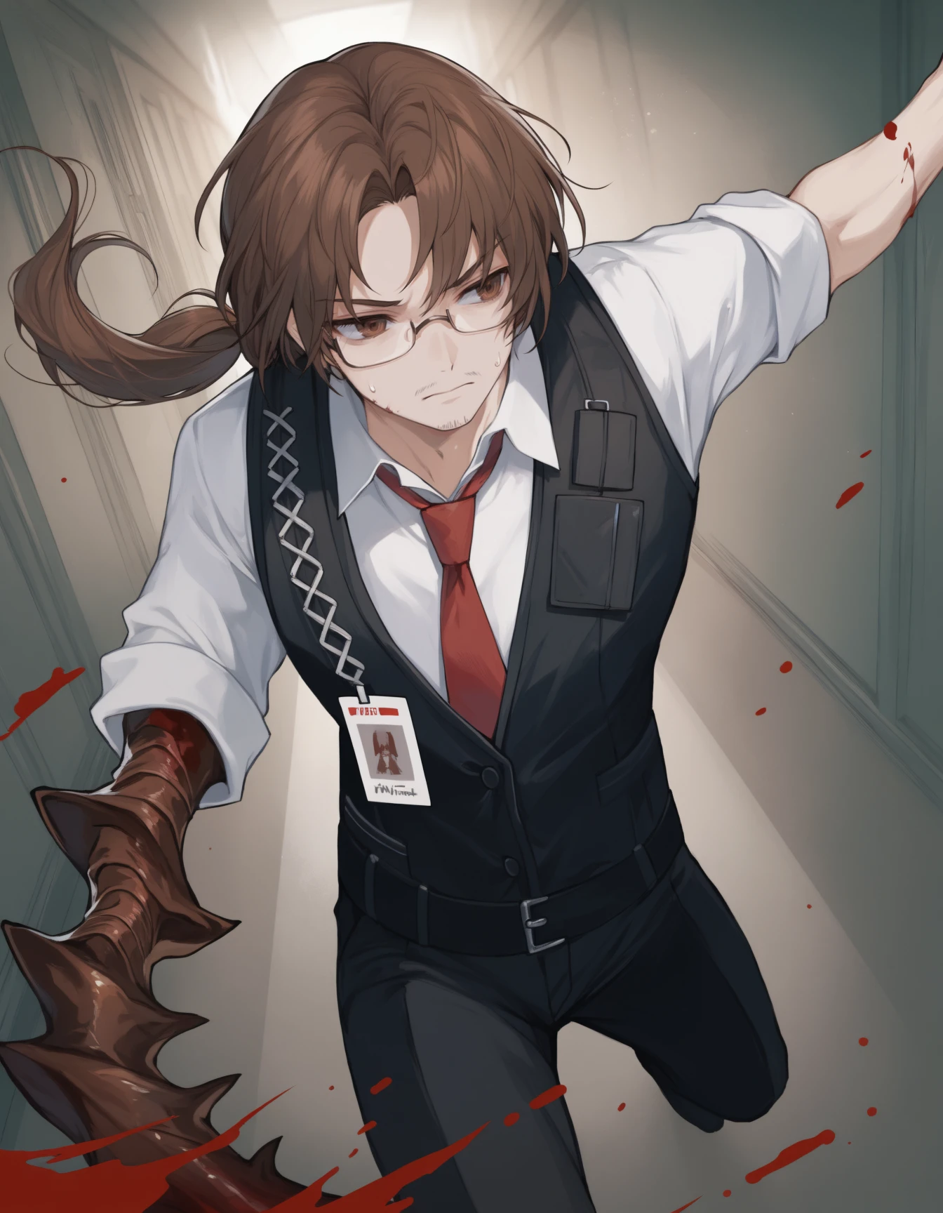 masterpiece, best quality, absurdres, very aesthetic, solo, upper body, portrait, 1boy, facial hair, long hair, low ponytail,  brown hair, brown eyes, arthropod arm, glasses, white shirt, collared shirt, sleeves rolled up,  red necktie, black vest, single id card, black pants, dynamic pose, attack, hallway, blood, sweatdrop,  full body   <lora:gregorlimbus-illu-byananas-v1:1>