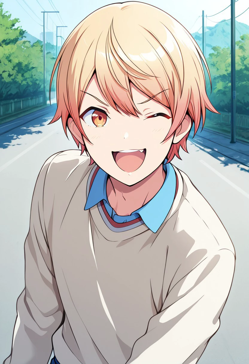 masterpiece, high res, 1boy, solo, tenma_tsukasa, smile, wink, looking at viewer, open mouth, striking a pose, >:D, volumetric lighting, outdoors