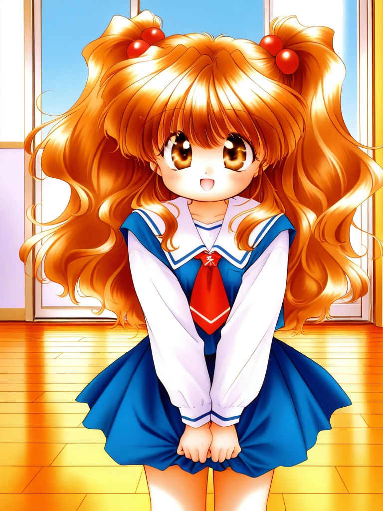 general,highres, ultra-detailed,very aesthetic,best quality ,best hands,  BREAK <lora:Ayumi_GF_IS:1> Ayumi_GF, 1girl,solo, long hair, twintails, bangs, hair bobbles,
 Ayumi_GF, brown eyes, brown hair, long hair, twintails, bangs, v arms,
wavy hair, school uniform, skirt, open mouth, room, flooring, smile, looking at viewer, cowboy_Shot,