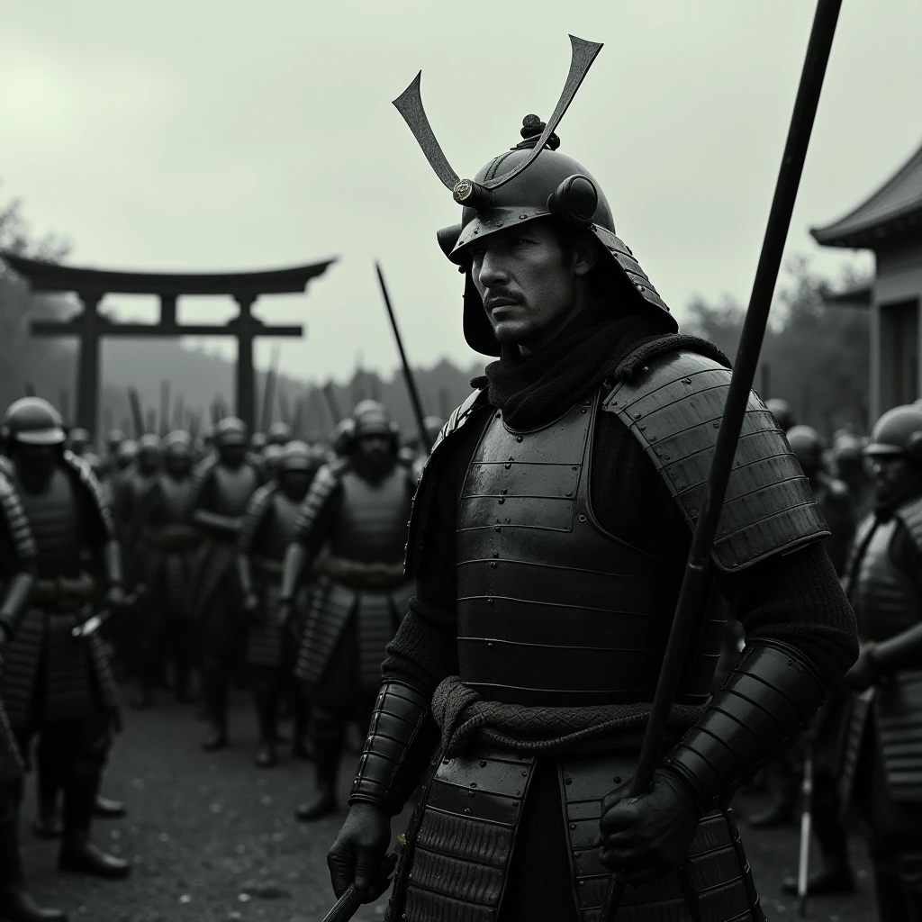 cinematic film still of <lora:Shogun style v1:0.5>
Shogun tom cruise, a man in armor standing in front of a crowd, monochrome, upper body, weapon, male focus, multiple boys, solo focus, sword, armor, facial hair, helmet, polearm, 6+boys, realistic, japanese armor, torii, sode, soldier, samurai, war, army, Japanese culture, Samurai, armor, warrior, horror theme, Shogun style, outdoors, shoulder armor, beard, spear, kote, kusazuri, kabuto (helmet), shallow depth of field, vignette, highly detailed, high budget, bokeh, cinemascope, moody, epic, gorgeous, film grain, grainy